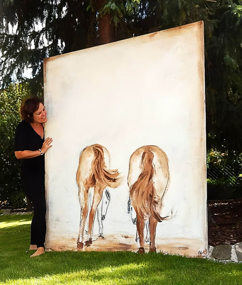 Elterliche Fürsorge – modernes Leinwandbild, Detailansicht Motiv 1.0. Abstraktes Pferdebild im Großformat
Bedeutungsvolles Kunstwerk: Dieses abstrakte Gemälde verkörpert die ältere Fürsorge 