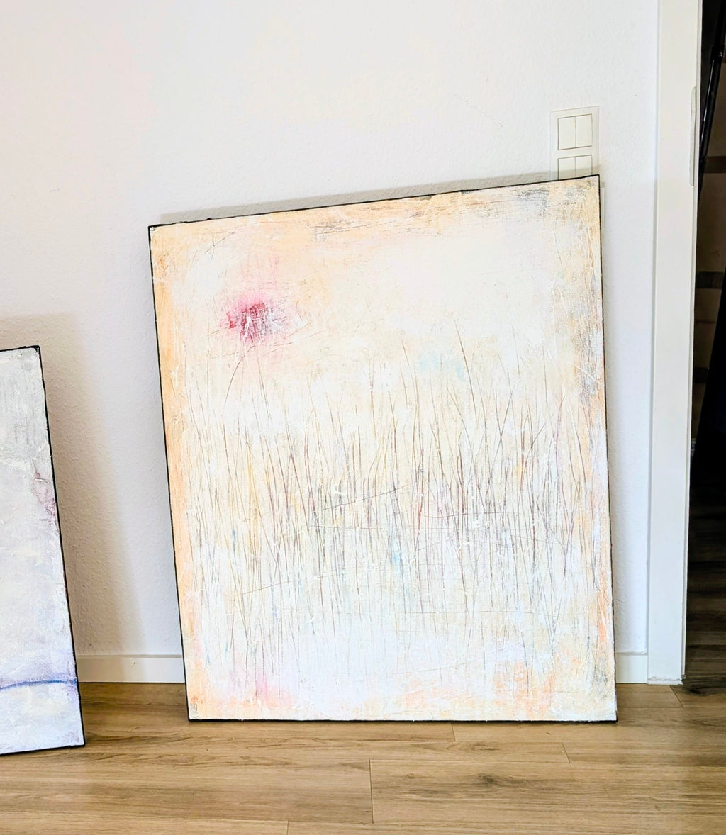 Abstraktes Gemälde – Gedankenregen Creme