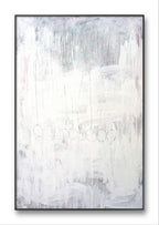 Stiller Spaziergang" von Conny Wachsmann, Künstlerin, ist ein abstraktes Gemälde mit weißem und hellgrauem Hintergrund, vertikalen und horizontalen Pinselstrichen, schwachen blauen Kreisen in der Mitte und subtilen rosa und grauen Akzenten.