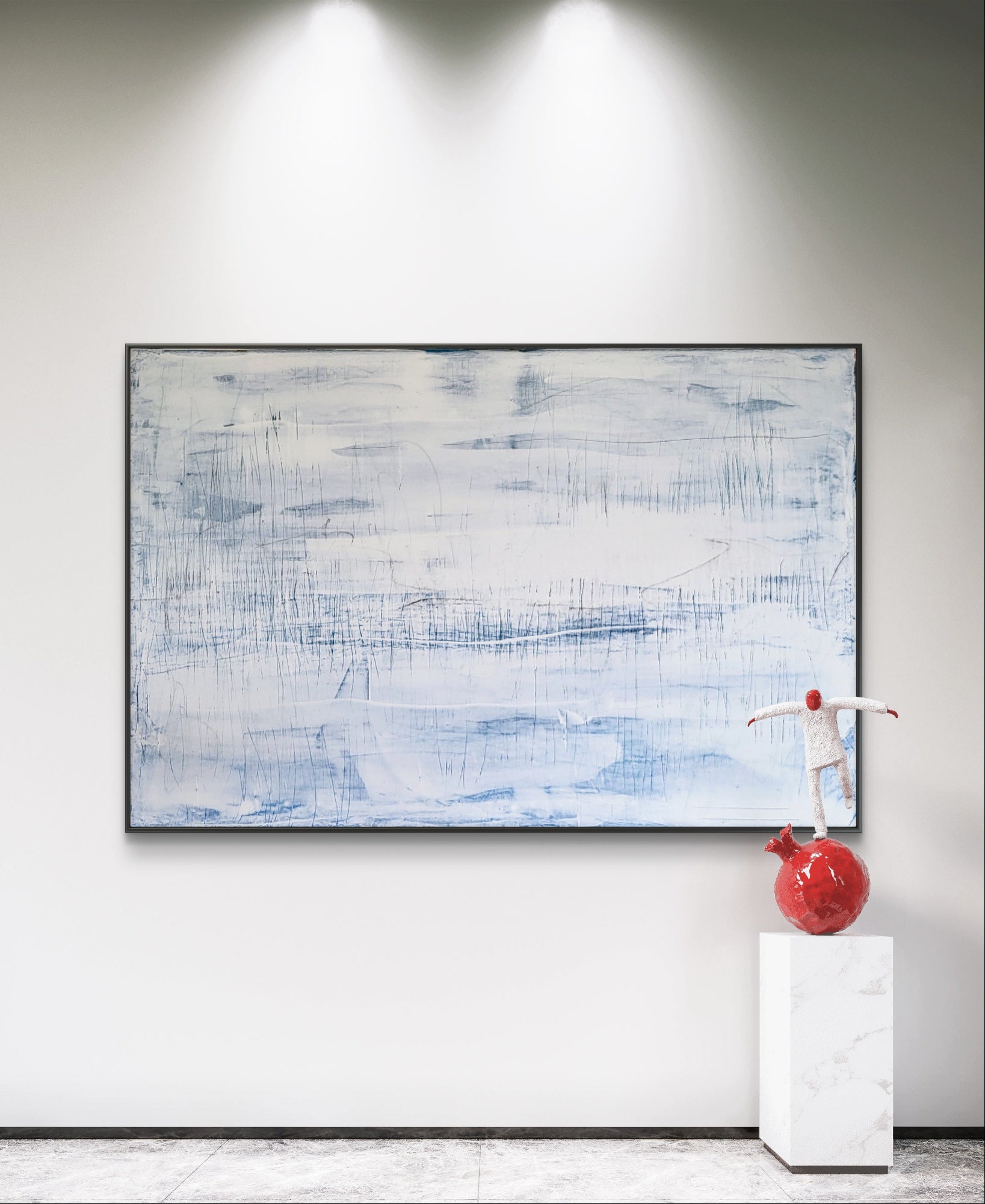 Abstraktes Gemälde Weiß für Treppenhaus – Abstrakte Wandkunst über Sofa