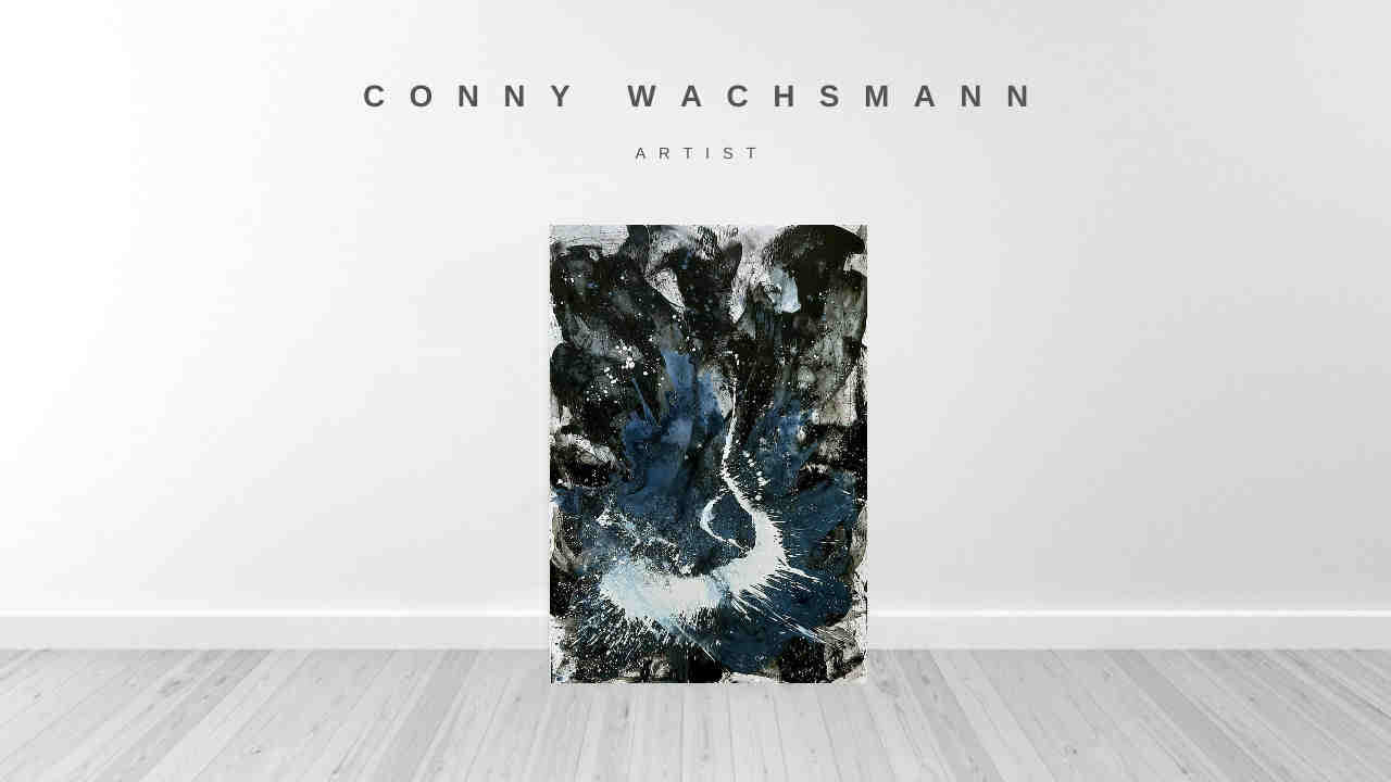 Das Bilderset „S/W Moderne“ der Künstlerin Conny Wachsmann zeigt abstrakte Kunst in Dunkelblau, Schwarz und Weiß auf einer schlichten weißen Wand über einem hellen Holzboden für einen auffallend modernen Look.