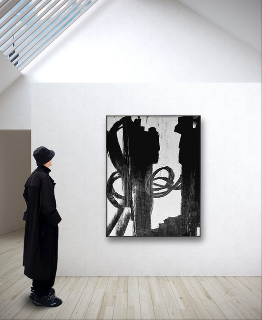 Kunst auf Augenhöhe: Schwarz-weißes Gemälde für ein stilvolles Wohnzimmer,abstrakte große Leinwandbilder abstrakte Bilder kaufen ,