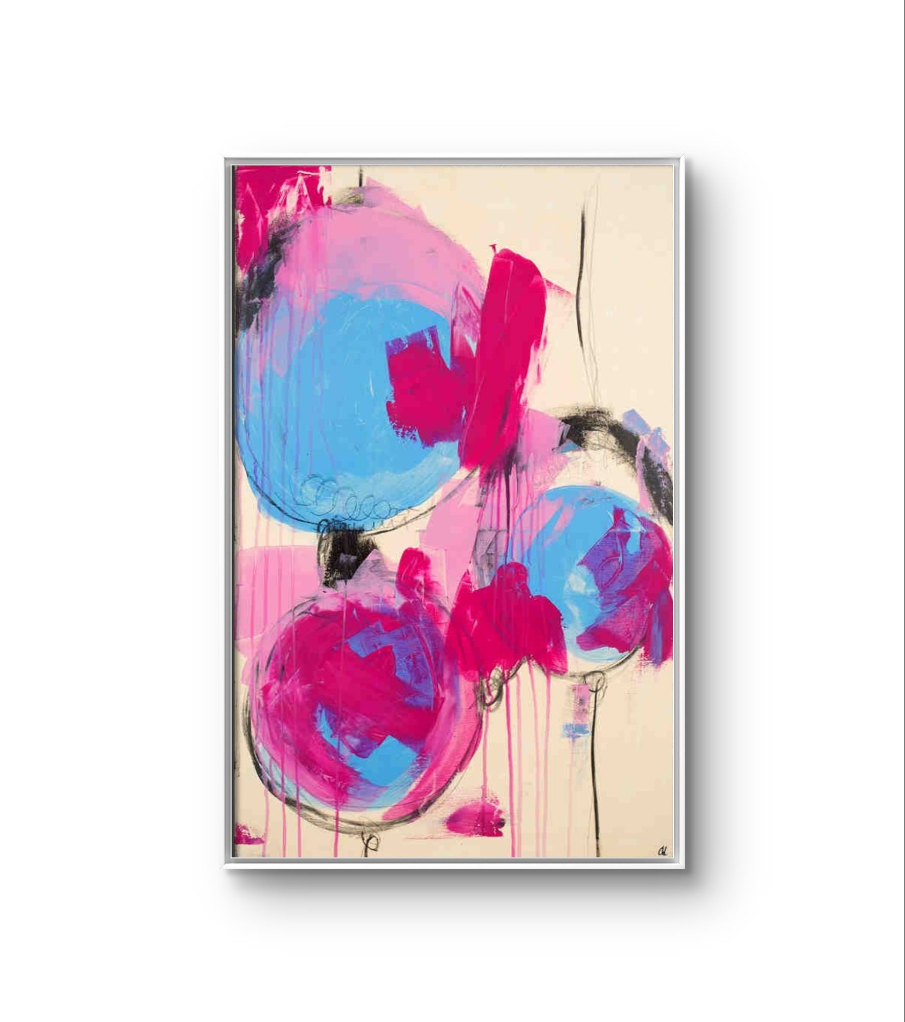 Gedankenfrei wie ein Kind – modernes Leinwandbild, Detailansicht Motiv 1.0. Beige-pinkes Bild
Es ist ein verspielt gestaltetes Kunstwerk in den sanften Tönen Beige, Hellblau und Pink. Mit seiner L