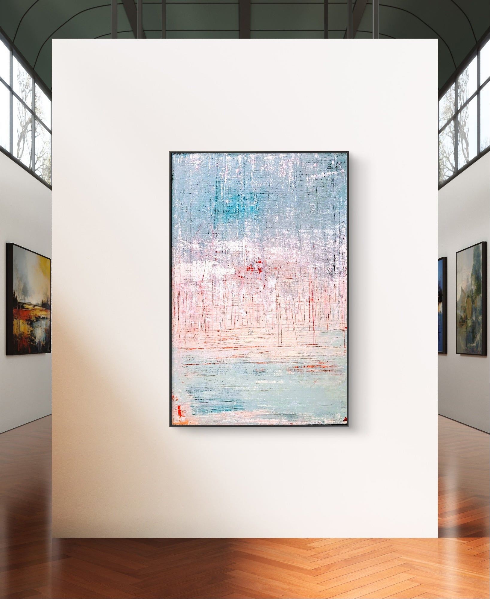 Durch Kratztechnik erschuf Conny Wachsmann, Künstlerin, das Werk "Vorschiedene Weiten" als faszinierende blau-weiße Wandmalerei - ein echtes Highlight der artvergnuegen galerie.