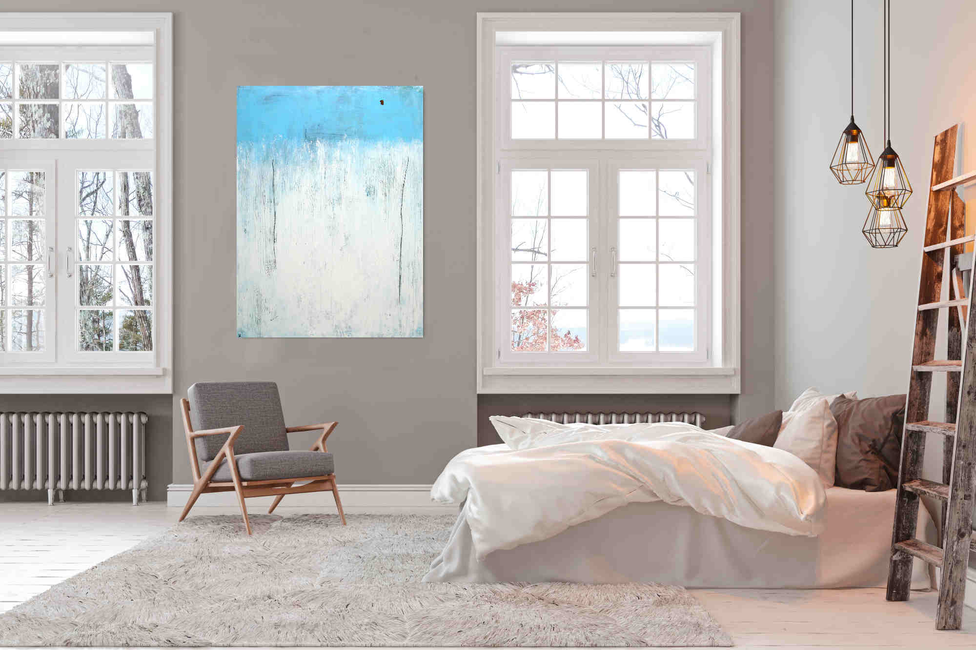 Personalisierte Auftragskunst und Gemälde: ankunft-blaues-weisses-bild-kratztechnik – Kategorie: Originalgemälde – Hersteller: 