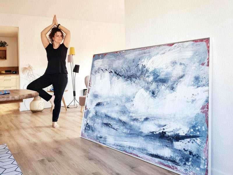 120.0cm cm großes blaues Original Gemälde Blaues xxl Bild Morgentau sofort lieferbar – großes Leinwandbild für Wohnzimmer über Sofa, direkt versandbereit