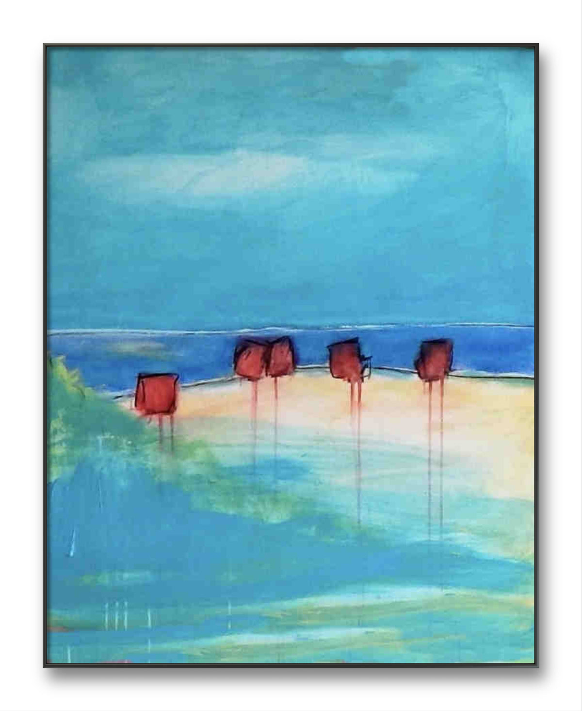 Strandkorbliebe – modernes Leinwandbild, Detailansicht Motiv 1.0. Strandkorbliebe – Eine abstrakte Interpretation
Dieses Gemälde fängt die Stimmung eines Tages am Meer ein – mit türkisbl