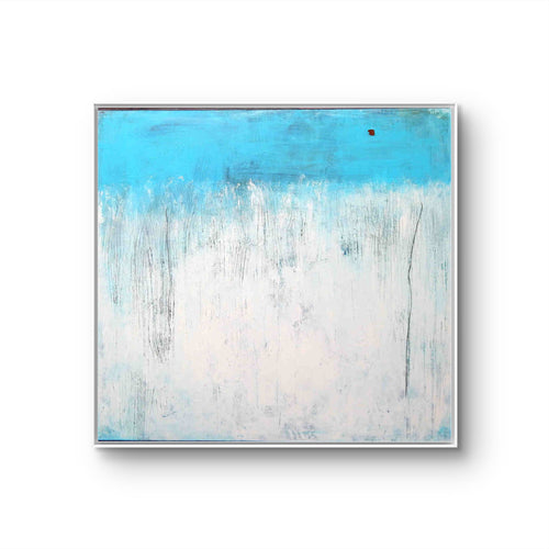 Ankunft – modernes Leinwandbild, Detailansicht Motiv 1.0. Verschmelzung von Weiß und Hellblau – Ein visuelles Mysterium
Dieses abstrakte Gemälde spielt mit Übergängen und Tiefen,