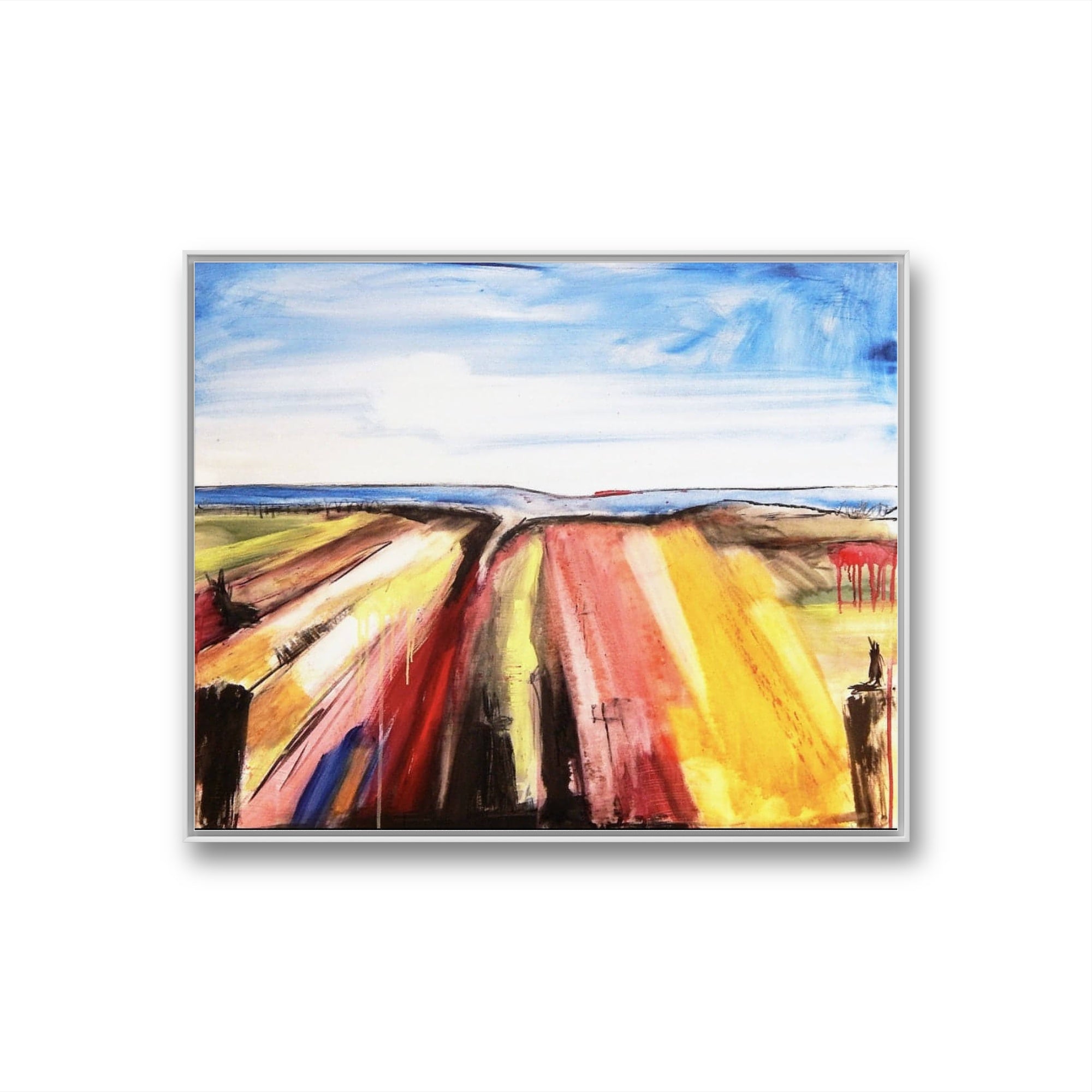 Ausruhen – modernes Leinwandbild, Detailansicht Motiv 1.0. Ausruhen – Inspiration aus der Weite des Strandes
Ein abstraktes Gemälde, das den blauen Himmel und die farbenfrohen Str