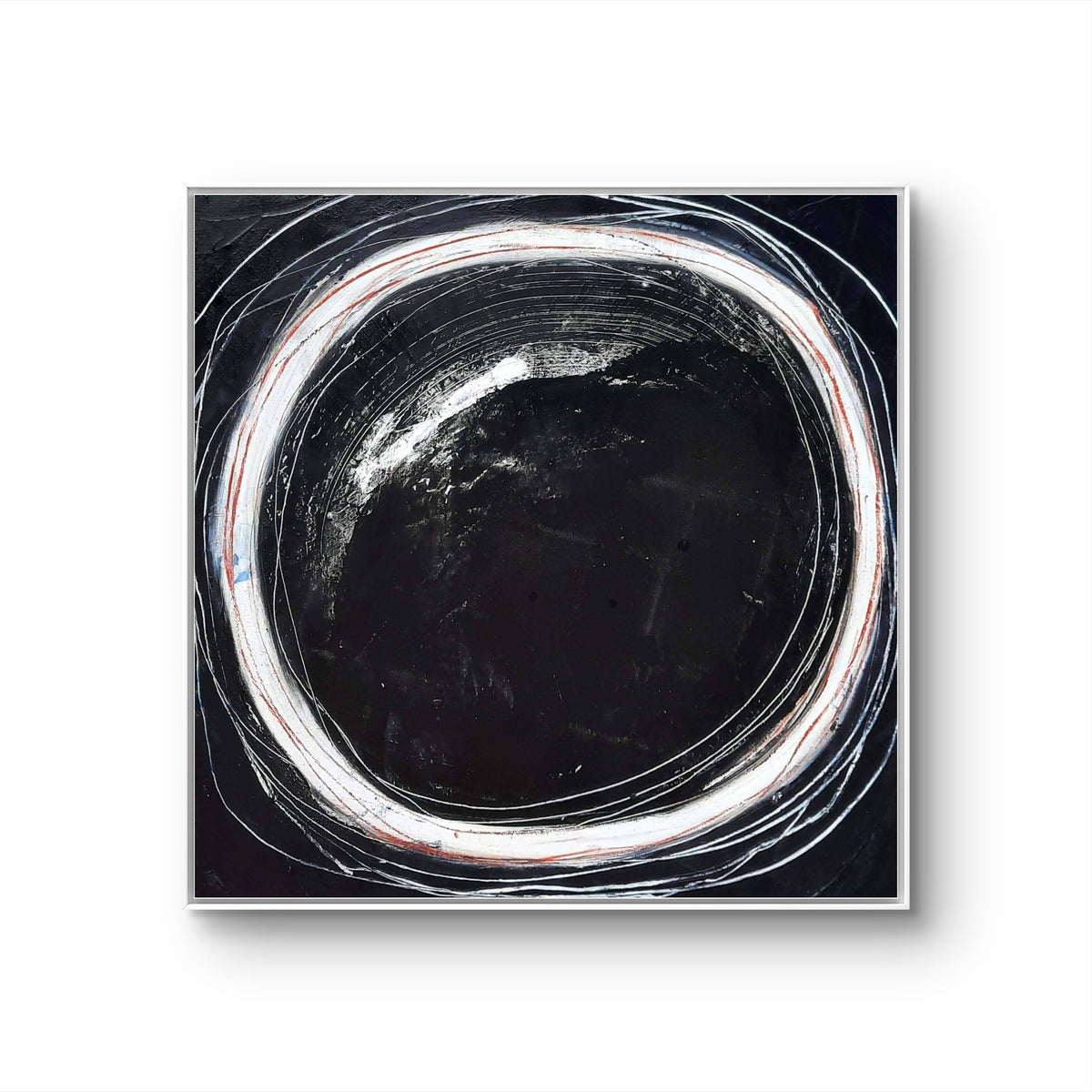 Im Laufe des Tages – modernes Leinwandbild, Detailansicht Motiv 1.0. Abstrakte Symbolik in Schwarz, Weiß und Rot
Dieses Gemälde steht für den Verlauf eines Tages. Tiefe Schwarztöne, weiße K