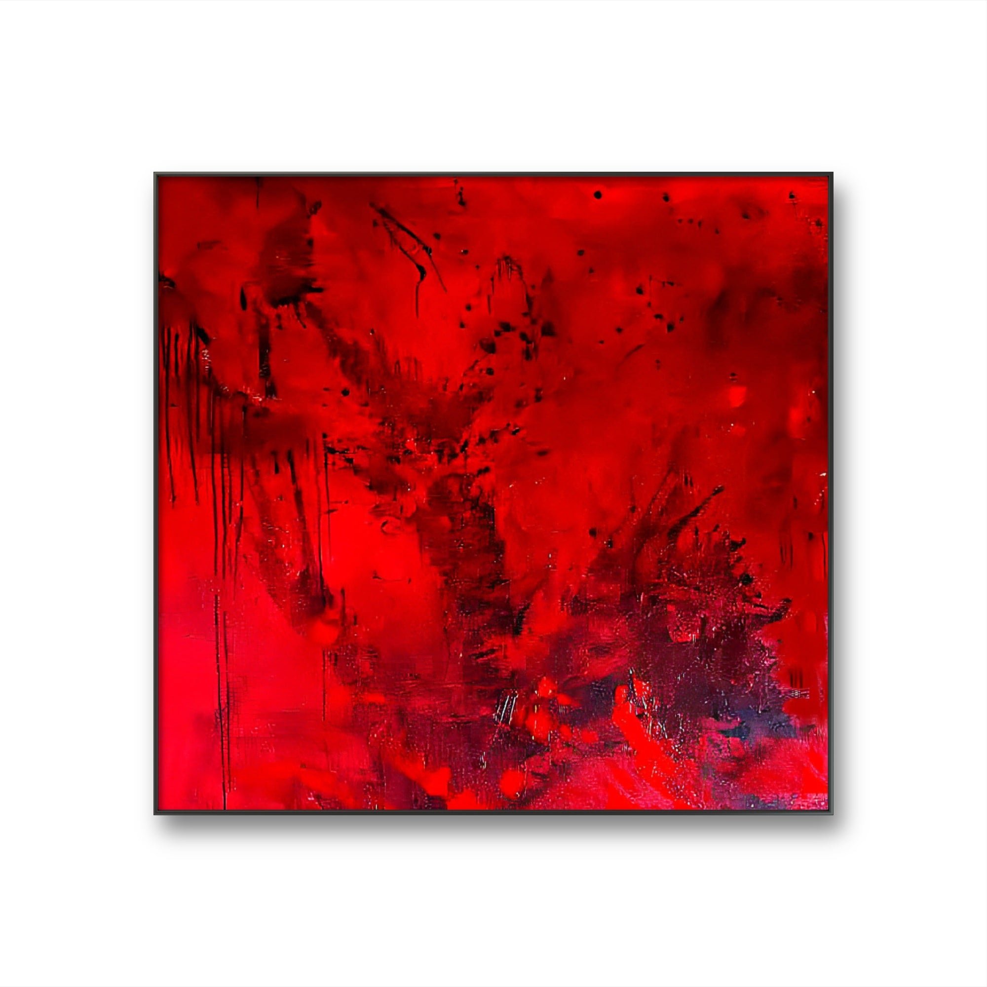 Das quadratische, großformatige Gemälde "Butterfly" von Conny Wachsmann besticht durch intensive Rottöne mit dunklen Streifen und Spritzern auf weißem Grund - abstrakte Kunst in dramatischer Textur.