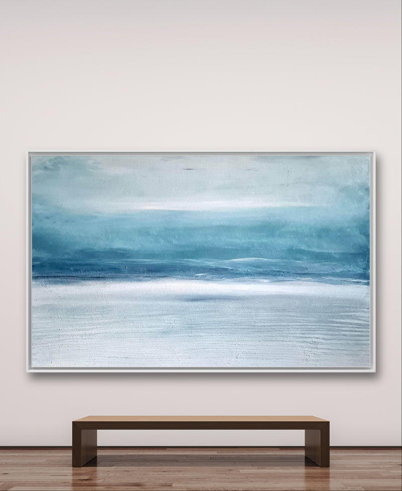 Spaziergänge – modernes Leinwandbild, Detailansicht Motiv 1.0. Spaziergänge – Farben und Bewegung
Ein Gemälde in Blau- und Grüntönen, inspiriert von der Ruhe eines Spaziergangs am Str