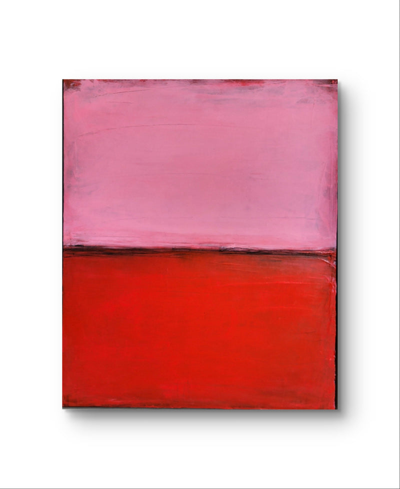 Ansichten – modernes Leinwandbild, Detailansicht Motiv 1.0. Zwei Ansichten – Farbstimmung eines Sonnenuntergangs
Ein abstraktes Leinwandbild in Pink und Rot auf zwei Ebenen. Die Ko