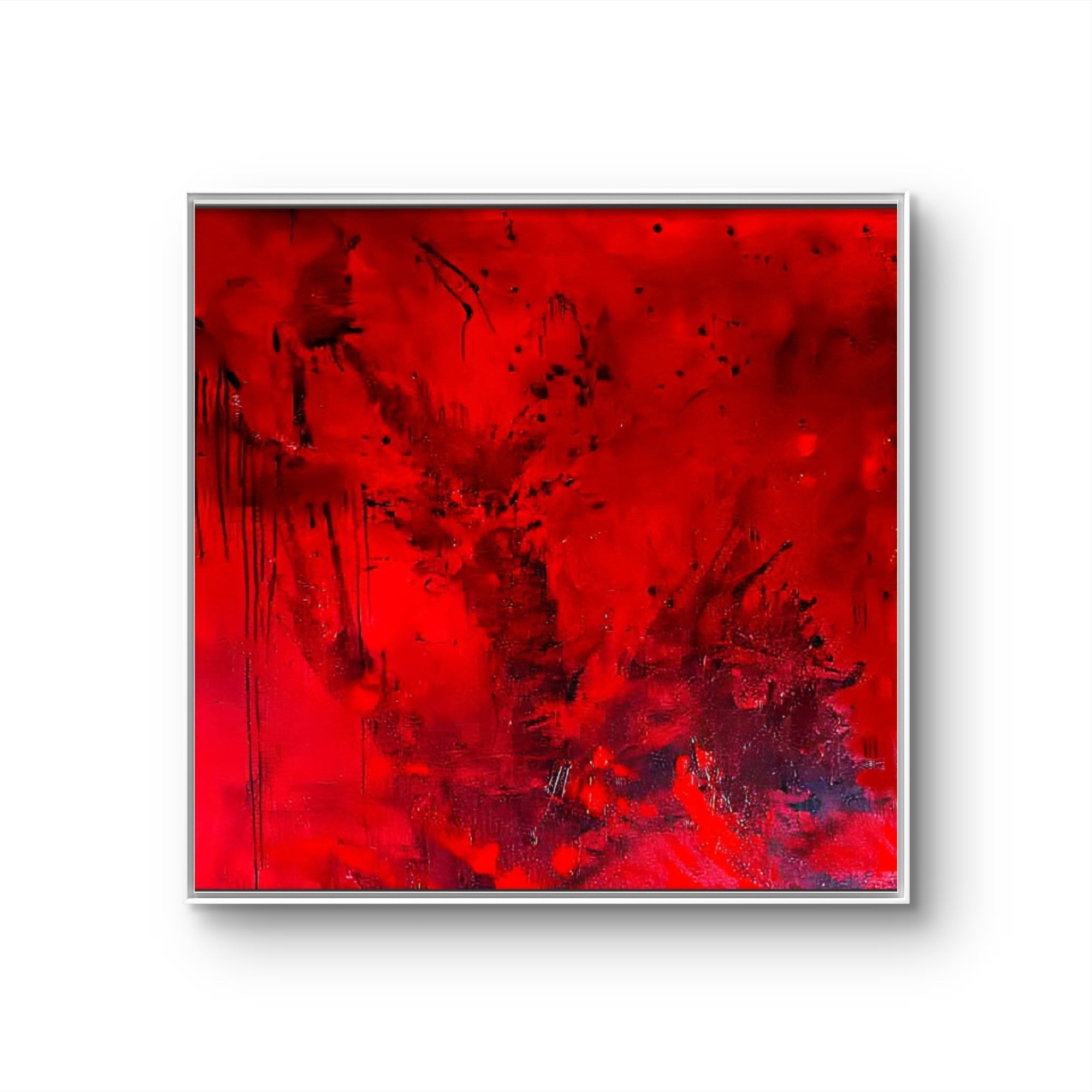 Butterfly" von Conny Wachsmann ist ein gerahmtes abstraktes Gemälde mit intensiven Rottönen, schwarzen Spritzern und Tropfen, dynamischen Pinselstrichen, strukturierten Schichten und einem weißen Hintergrund.