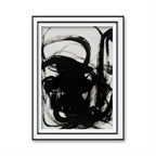 Zeichnungen & Reduktion IV von Conny Wachsmann zeigt wirbelnde schwarze Pinselstriche auf Weiß. Diese minimalistische Originalzeichnung ist schwarz gerahmt und vor einem schlichten weißen Hintergrund abgebildet.