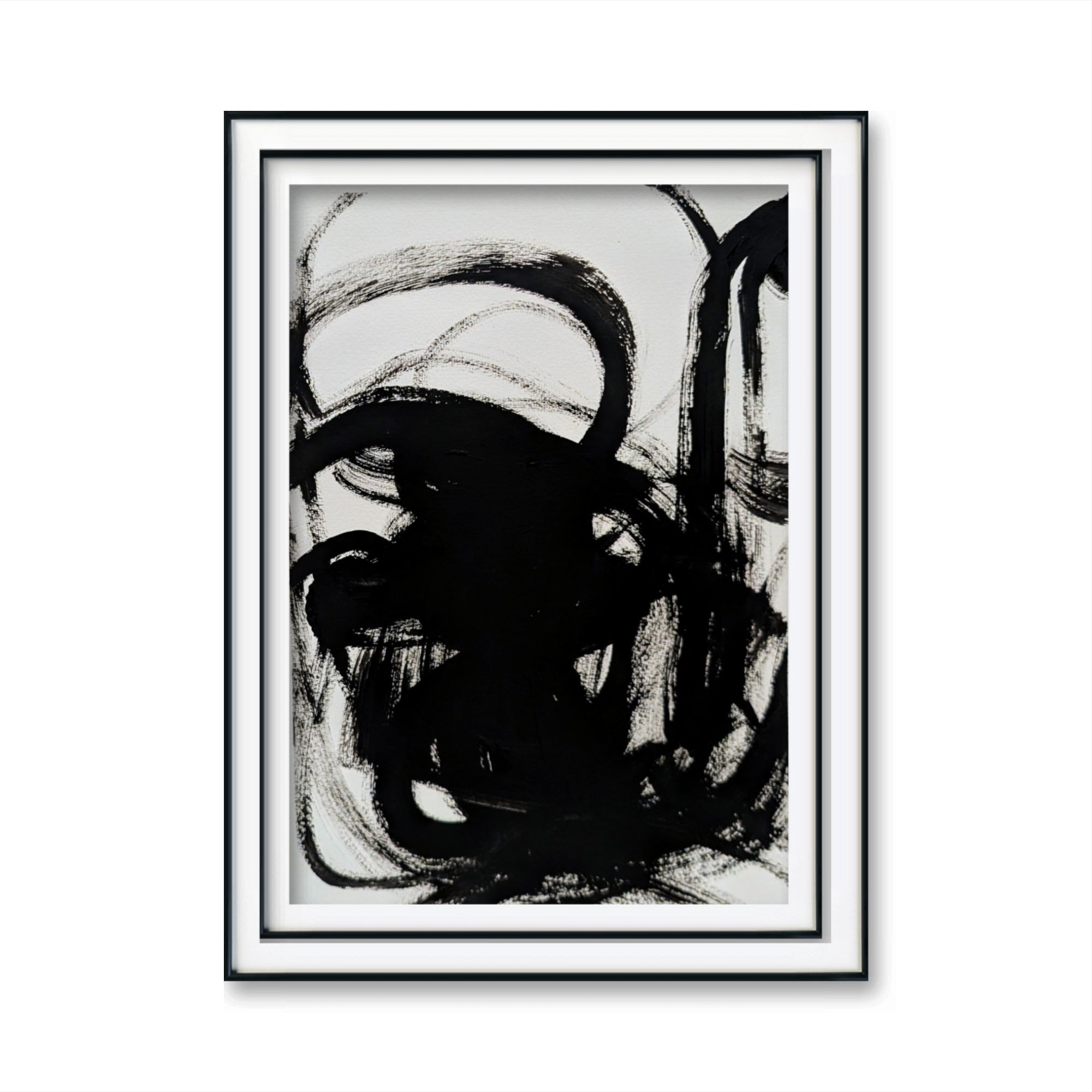 Zeichnungen & Reduktion IV von Conny Wachsmann zeigt wirbelnde schwarze Pinselstriche auf Weiß. Diese minimalistische Originalzeichnung ist schwarz gerahmt und vor einem schlichten weißen Hintergrund abgebildet.