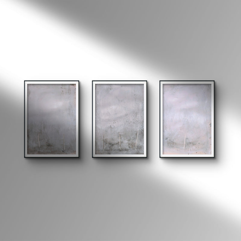 Weißes Ensemble - Gelegentlicher Freiraum – modernes Leinwandbild, Detailansicht Motiv 1.0. Ensemble „Gelegentlicher Freiraum“ auf Handgeschöpftem Hanfpapier

Dieses reduzierte Bilder Ensemble mit dem Titel „Gele