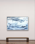 Blaues Xxl Bild Morgentau – Abstrakte Wandkunst über Sofa