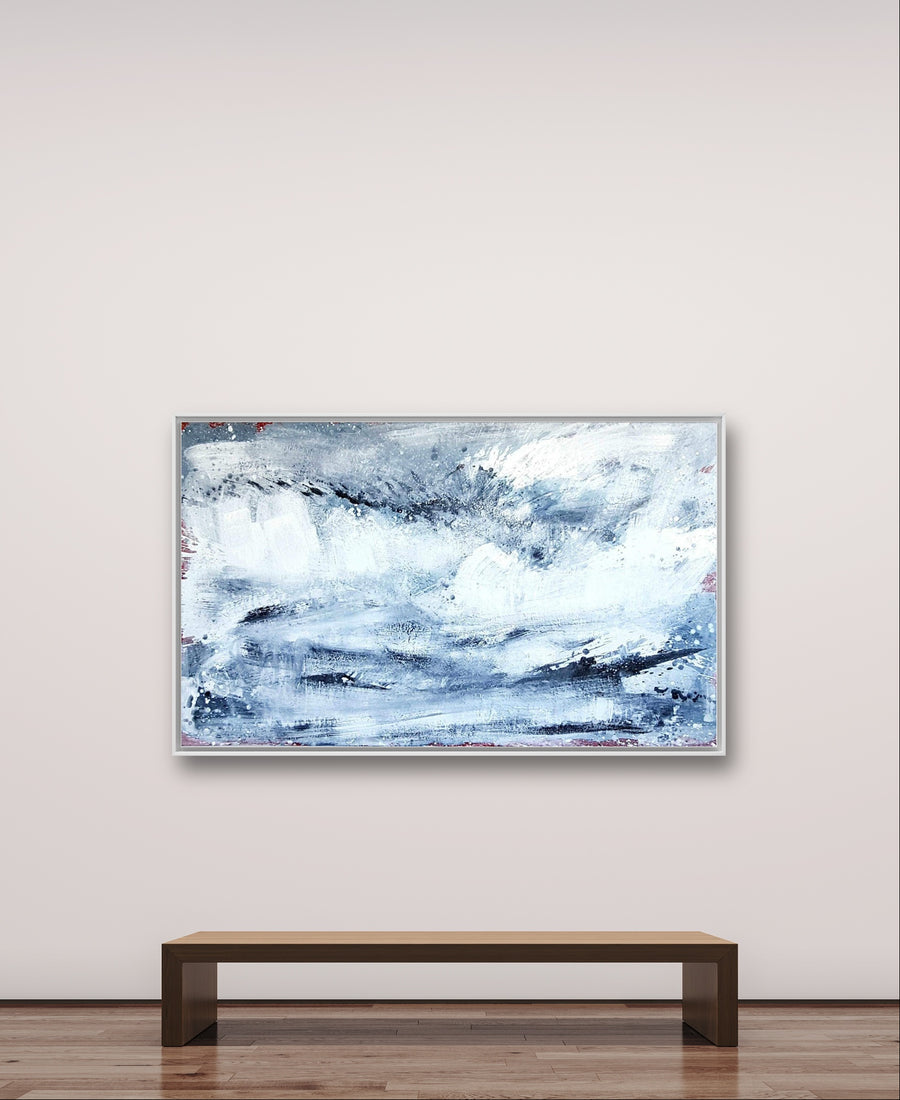 Blaues Xxl Bild Morgentau – Abstrakte Wandkunst über Sofa