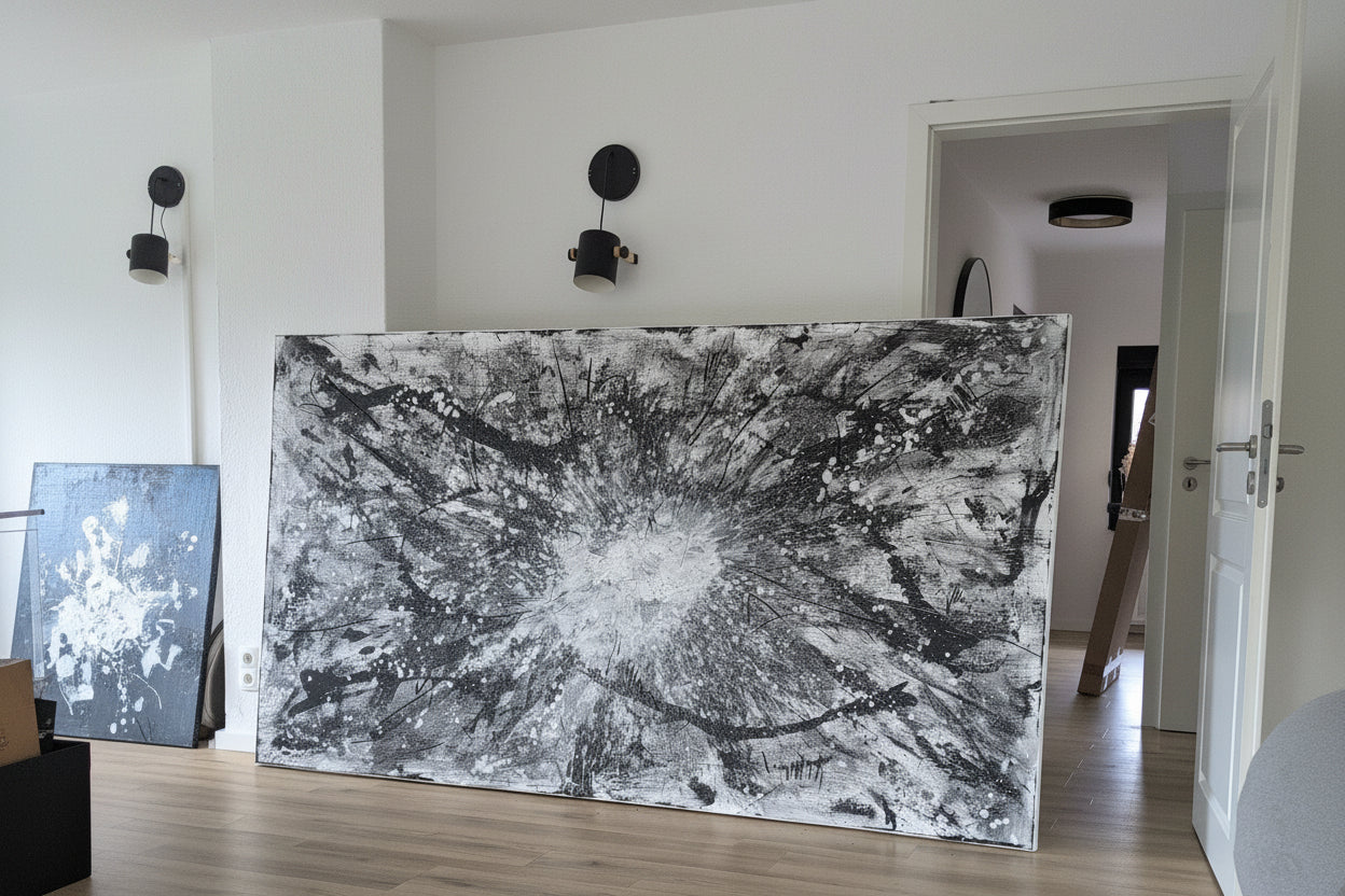 Urknall – Großes abstraktes Schwarz-Weiß Gemälde (240 × 140 cm) als Auftragsarbeit – Zeitgenössische Kunst in Wohnraumansicht