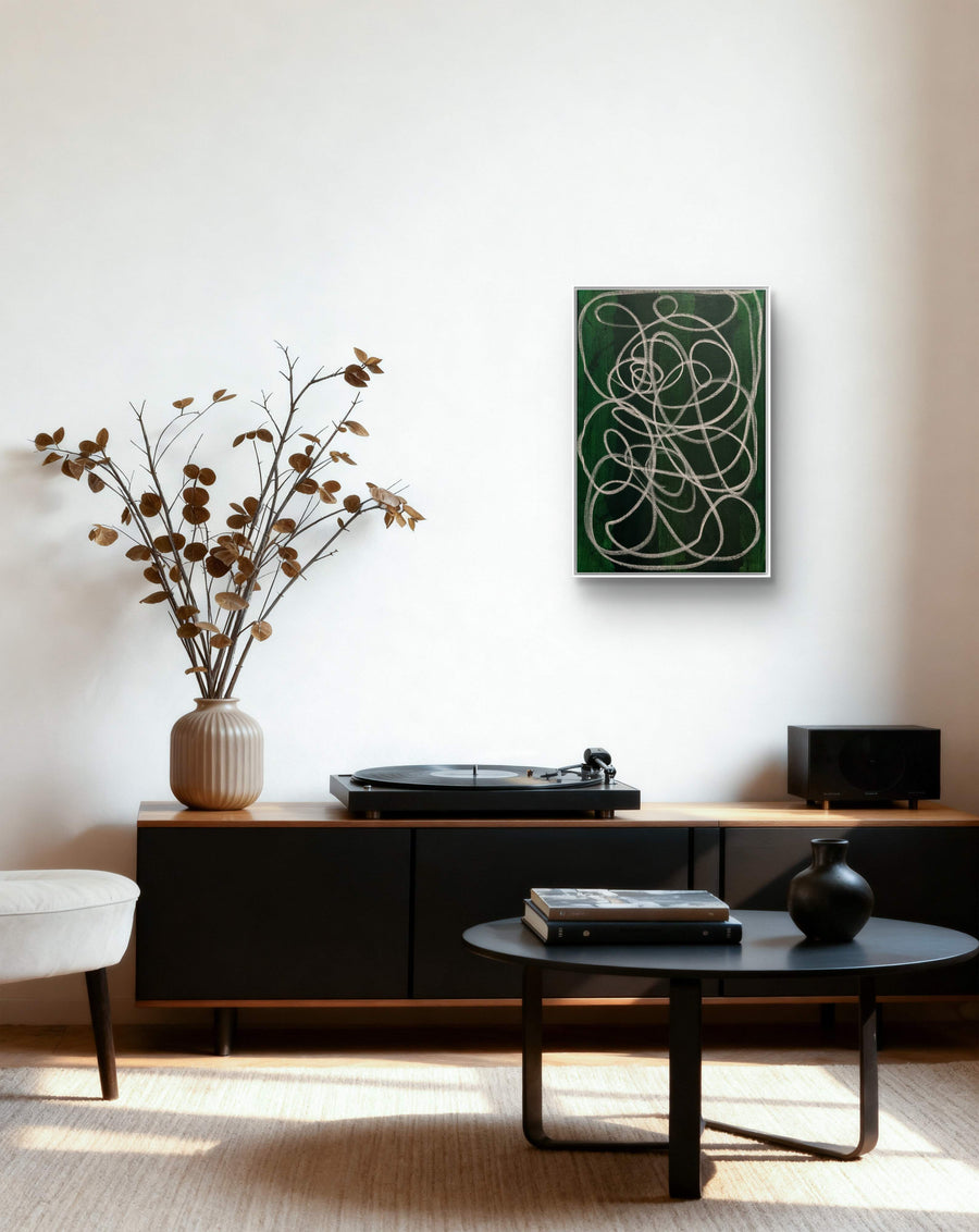 Abstraktes Gemälde Grün für Treppenhaus – Lichtpfad 50x70cm Grün – Treppenhaus Einzelstück – Abstrakte Wandkunst über Sofa