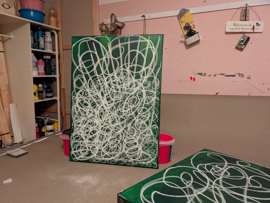 Abstraktes Gemälde Grün für Lounge – Waldgeflecht 50x70cm Grün – Lounge Einzelstück – Individuelles Wandbild für modernes Wohnen