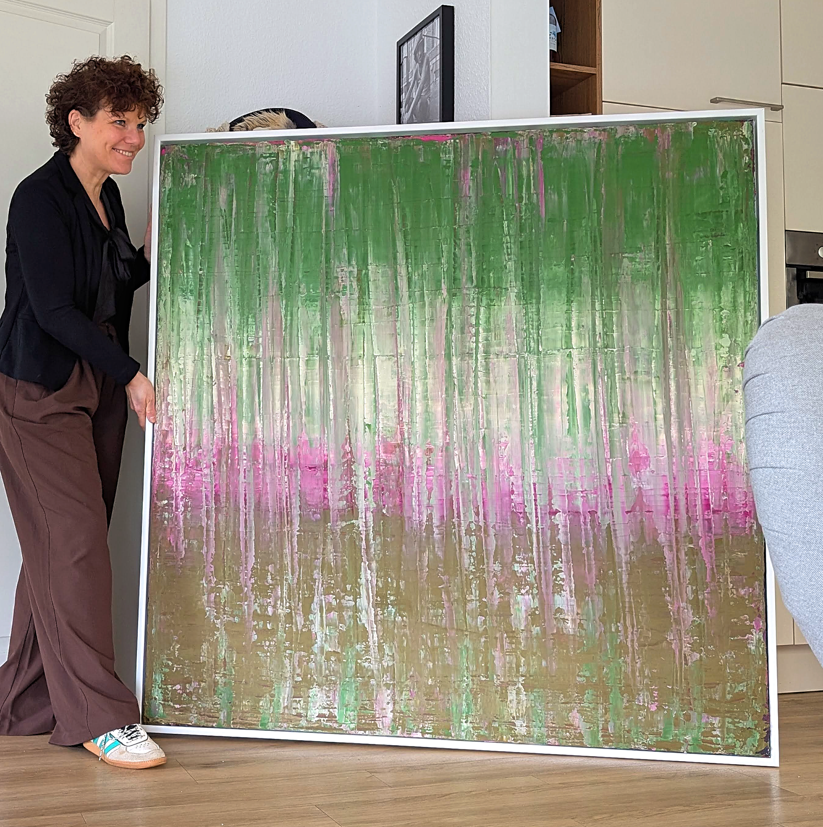 150.0cm cm großes lila; gruen; braunes Original Gemälde Waldbaden grünes xxl Bild sofort lieferbar – großes Leinwandbild für Wohnzimmer über Sofa, direkt versandbereit