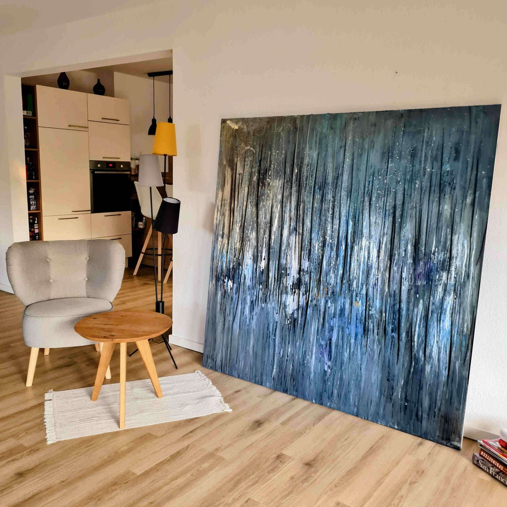 Auftragskunst, abstrakte Bilder, Eine abstrakte vorhandene Malerei in Blau, Grau und Weiß mit einzigartiger Kratztechnik,blaue-bilder-2, abstrakte Bilder kaufen ,