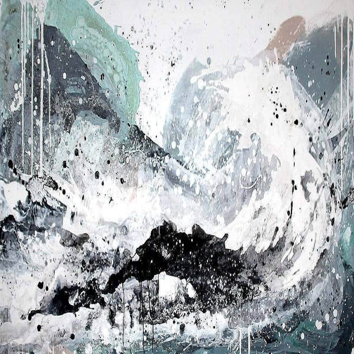 Mint-Weißes Wellenbild mit Landschaft - Unikat durch Fließtechnik Abstrakte Bilder & moderne Auftragsmalerei, abstrakte große bilder online kaufen, Auftrags Malere