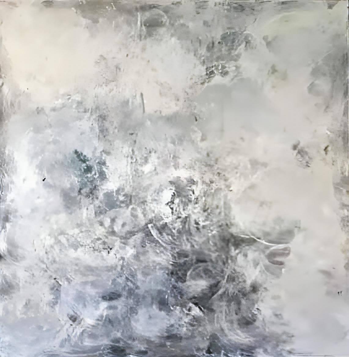 Das Bilderset „S/W Moderne“ der Künstlerin Conny Wachsmann zeigt ein abstraktes Gemälde mit wolkigen weißen, grauen und weichen schwarzen Pinselstrichen im zeitgenössischen Stil, wodurch ein strukturierter, nebliger Look und überlappende Muster auf der Leinwand entstehen.