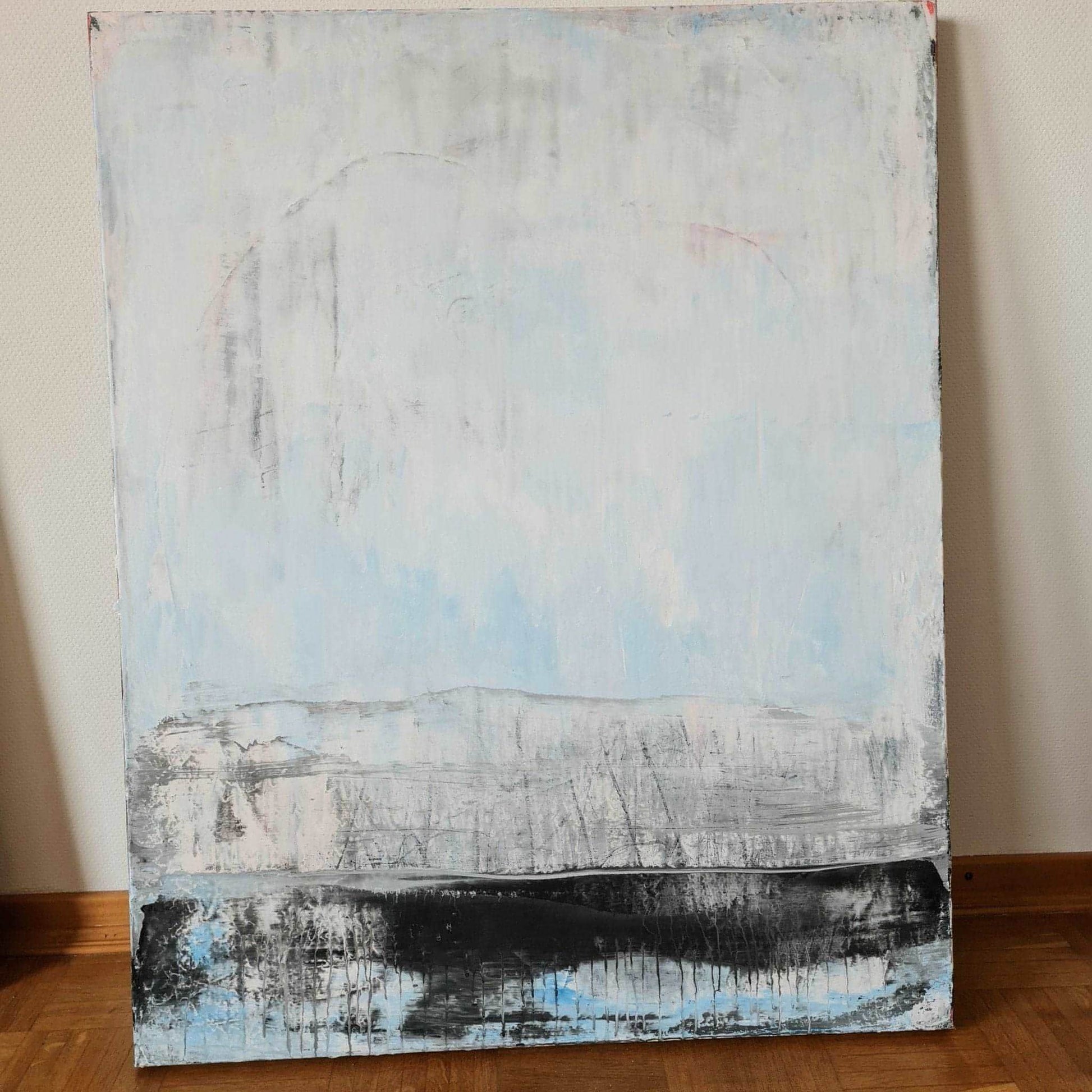 Auftragskunst, abstrakte Bilder, Wandern im Harz: Abstraktes Gemälde in Blau-Weiß als Erinnerung an eine Tour,blaues-bild-berge, abstrakte Bilder kaufen ,