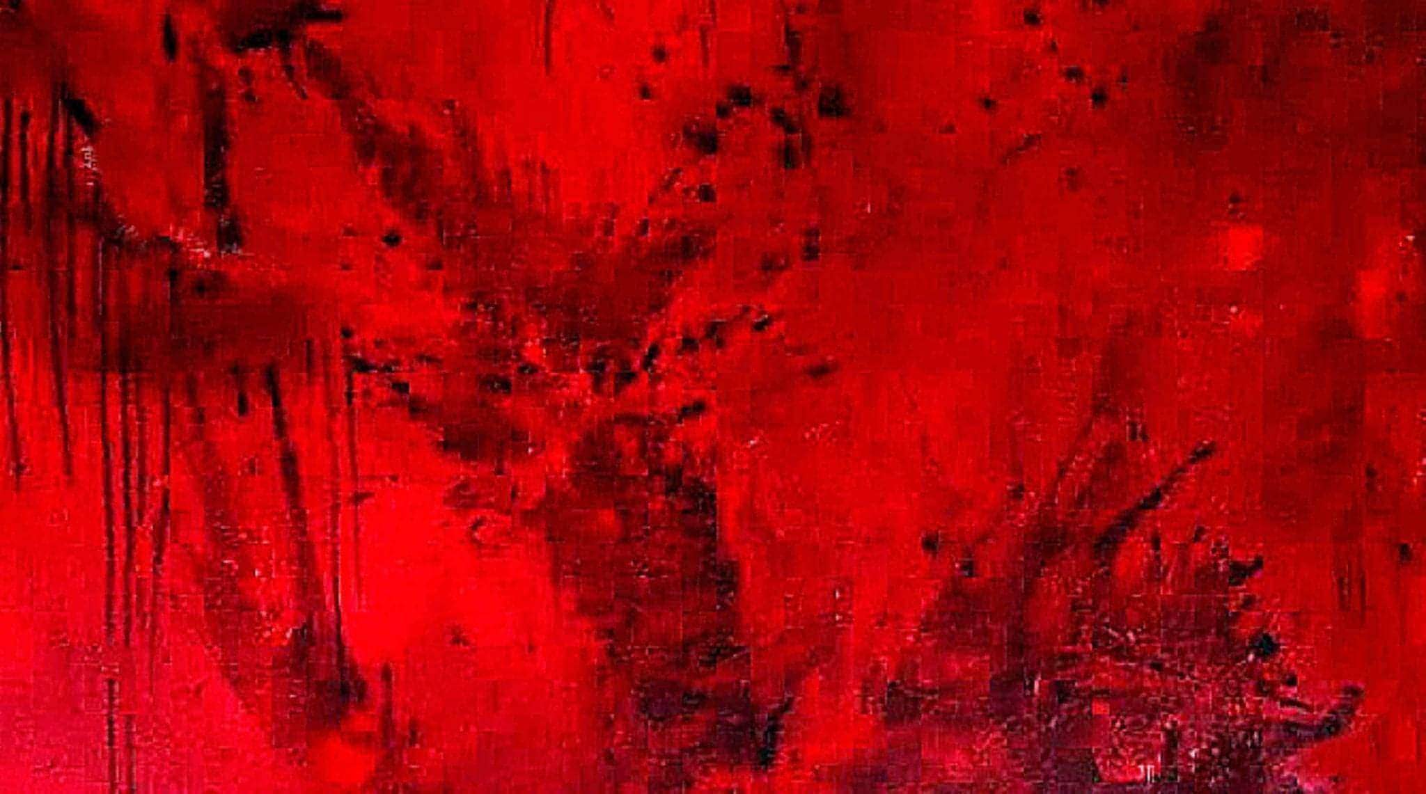 Butterfly von Conny Wachsmann, Künstlerin: ein abstraktes Gemälde mit leuchtend rotem Hintergrund, unregelmäßigen schwarzen Flecken und vertikalen Streifen - ideal für alle, die großformatige Bilder mit einer kühnen, stimmungsvollen Präsenz suchen.