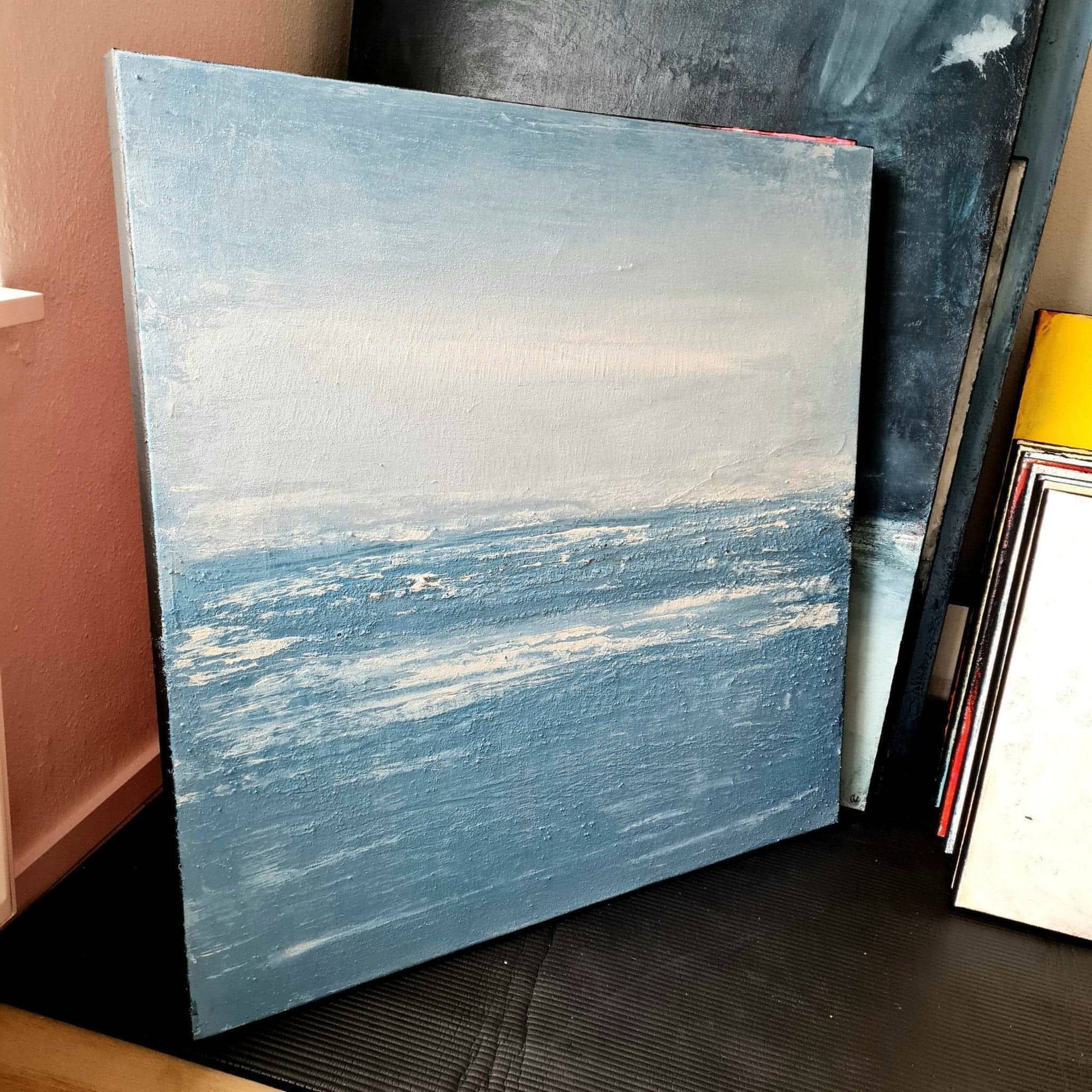 Auftragskunst, abstrakte Bilder, Abstraktes maritimes Gemälde in Blautönen Küstennebel,blaues-bild-mit-wellen-auftragsmalerei, abstrakte Bilder kaufen ,