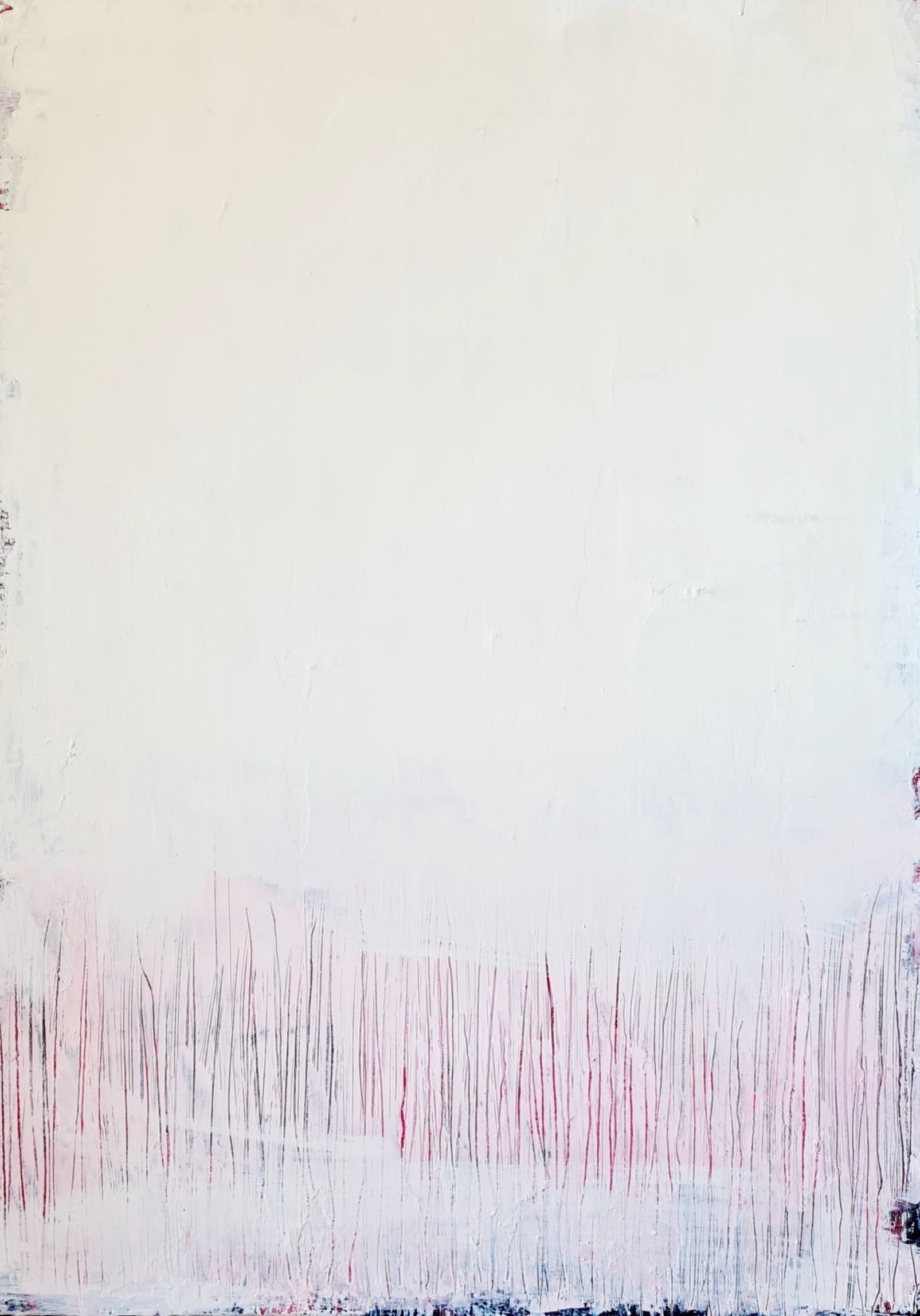 Abstraktes weißes Gemälde – Es Geht Weiter – Zeitgenössische Kunst in Wohnraumansicht
