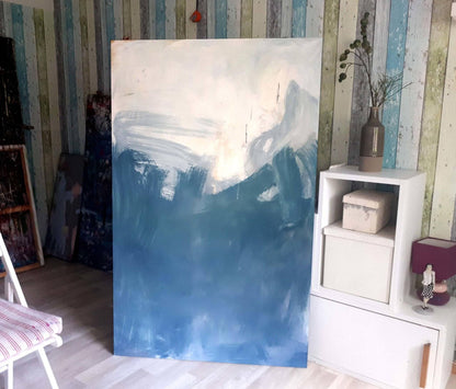 Auftragskunst, abstrakte Bilder, Kraftvolle Harmonie: Ein abstraktes Gemälde in Blaugrau, Weiß und Beige,blaue-bilder-modern-abstrakt, abstrakte Bilder kaufen ,