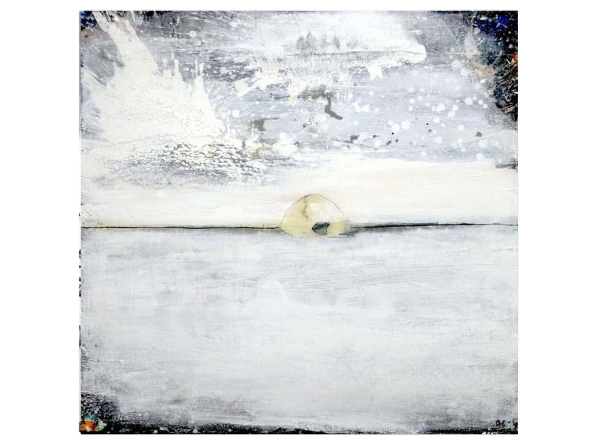 Schneegestöber – modernes Leinwandbild, Detailansicht Motiv 1.0. Auftragskunst: „Dem Schneegestöber ganz nah“
Die Szene: Auf diesem 100 x 100 cm großen Gemälde sind Bergwanderer zu sehe