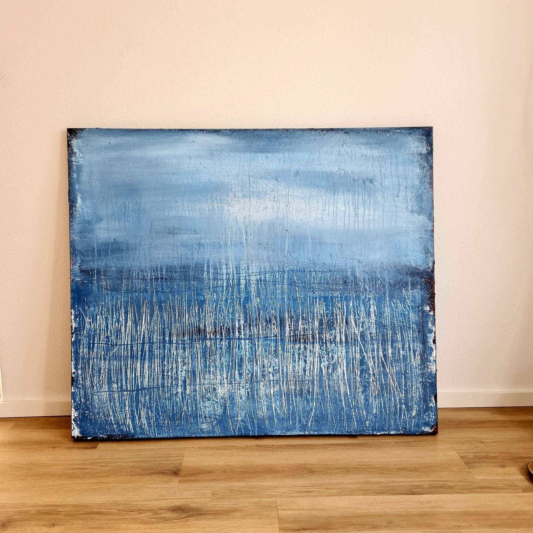 Abstraktes blaues Gemälde – Winterplatz – Großformatiges Wandbild für stilvolle Einrichtung