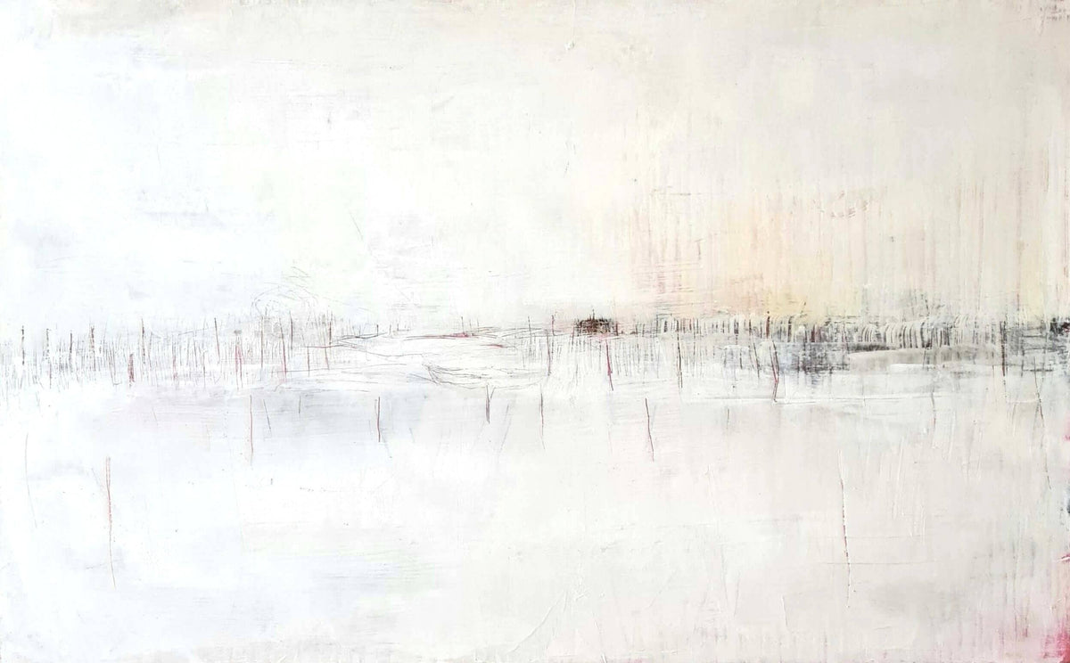 Genau nach Plan – modernes Leinwandbild, Detailansicht Motiv 1.0. Dieses abstrakte Kunstwerk mit den Maßen 100 x 160 cm setzt elegante Grau- und Weißtöne ein, die harmonische Formen und 