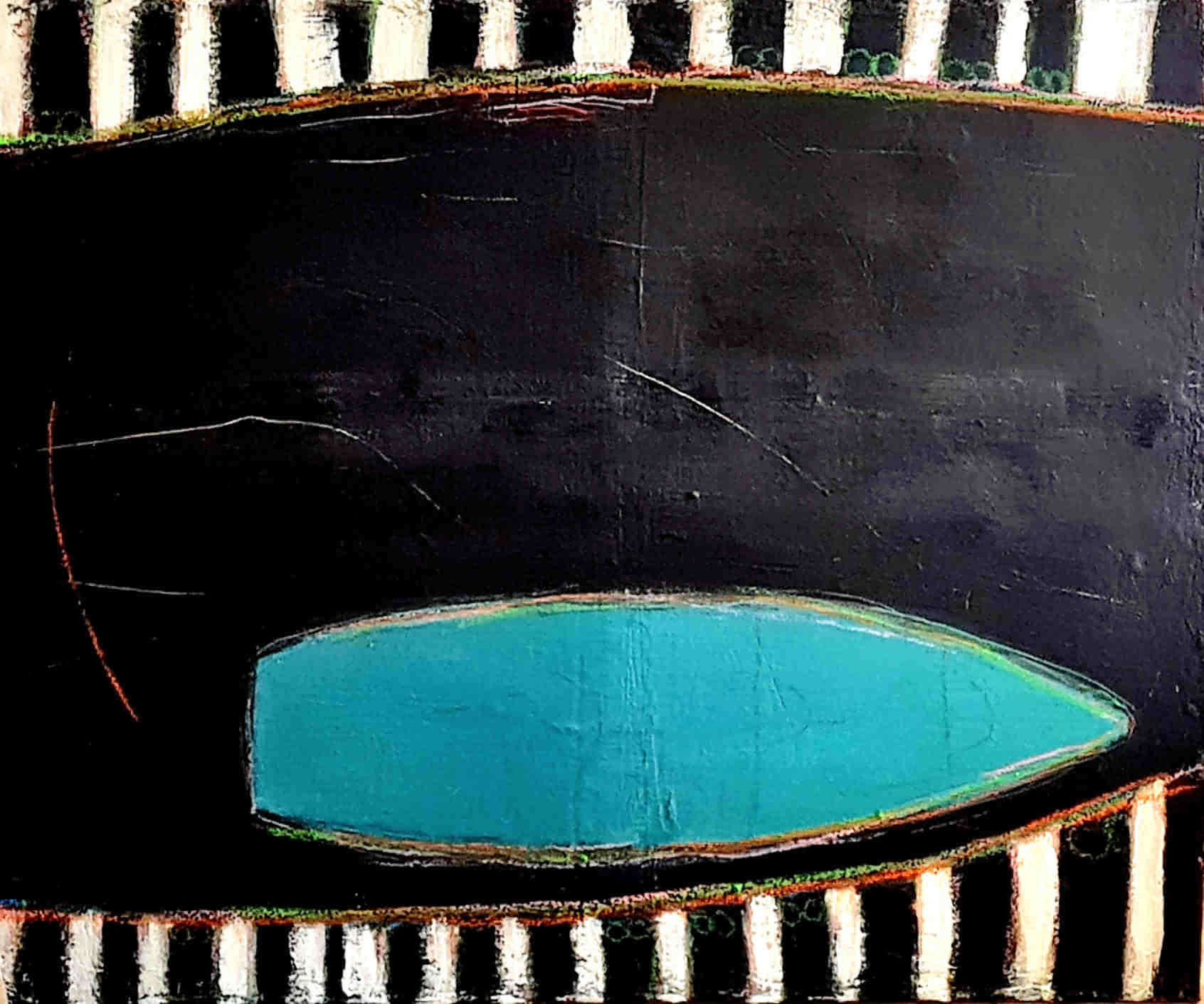  vorhandenes Unikat: Am Kanal / 125 x 105 cm inkl. montierten Schattenfugenrahmen / schwarz blau weiss  acrylbilder auf leinwand