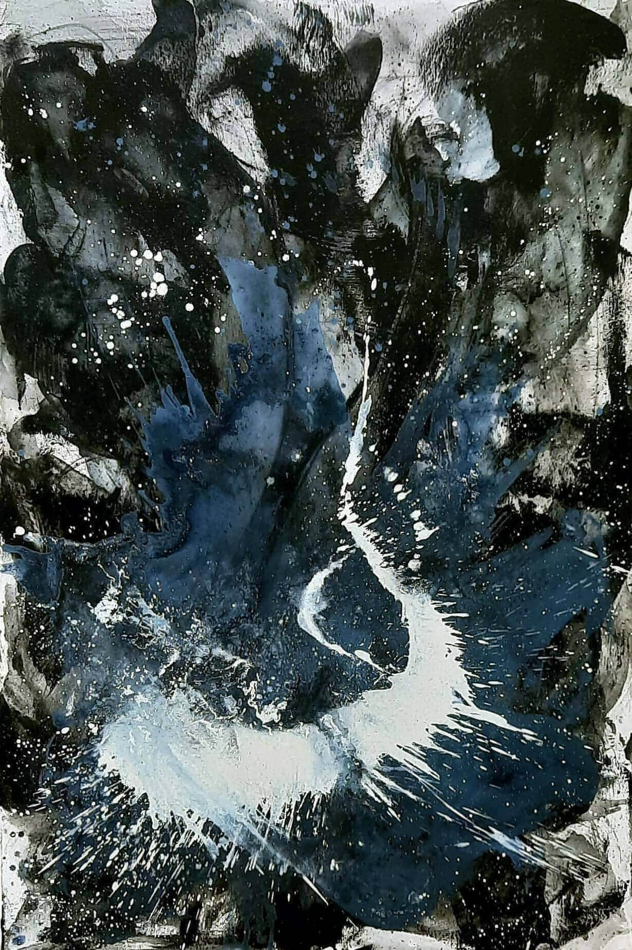 Das Bilderset „S/W Moderne“ der Künstlerin Conny Wachsmann zeigt einen abstrakten, zeitgenössischen Stil mit dunkelblauen, schwarzen und weißen Farbspritzern. Weiße Farbe spritzt aus der Mitte und belebt den wirbelnden schwarzweißen modernen Hintergrund.