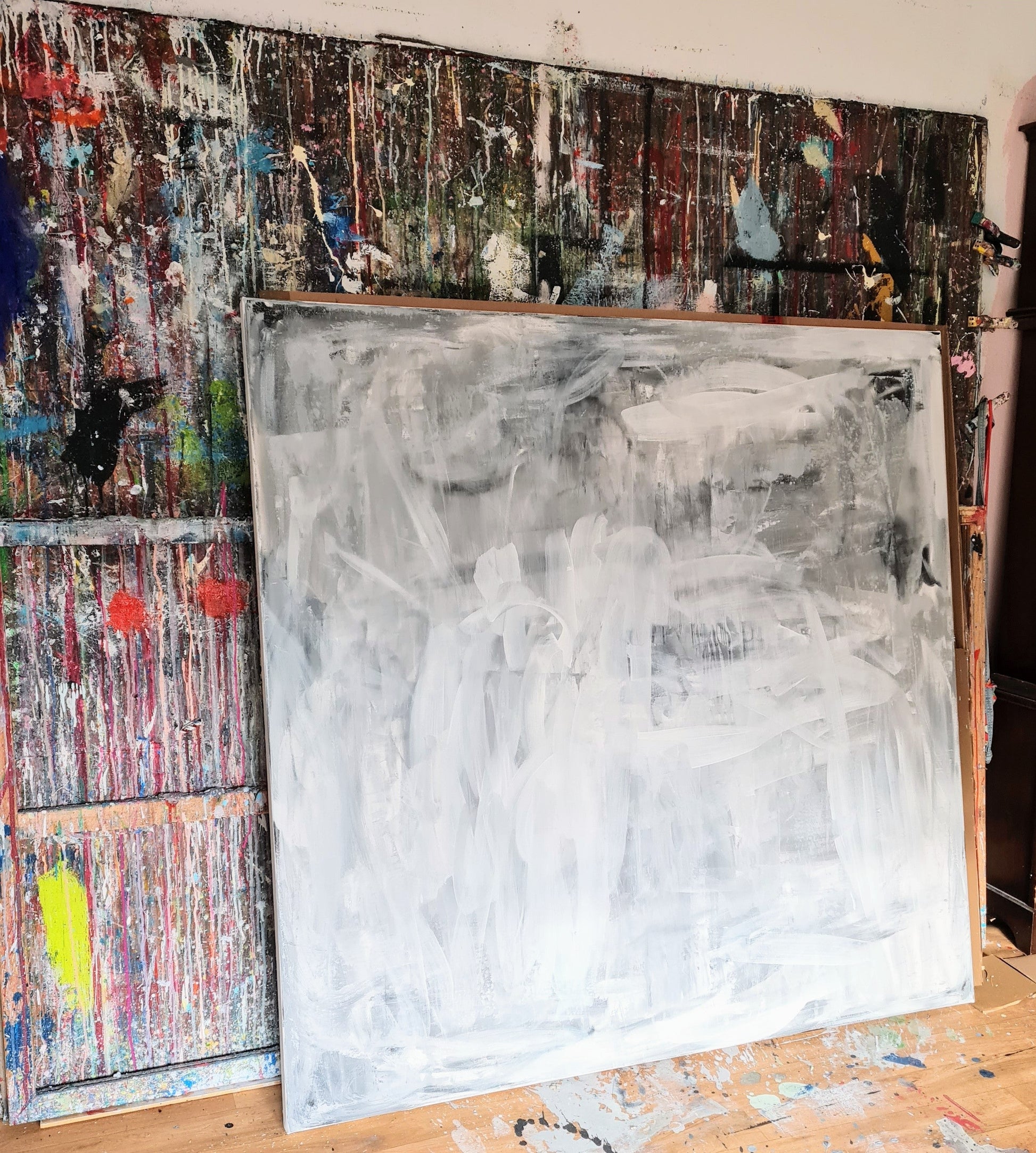 Abstraktes großes Gemälde in Grau- und Weiß - Pusteblume Abstrakte Bilder & moderne Auftragsmalerei, abstrakte große bilder online kaufen, Auftrags Malere