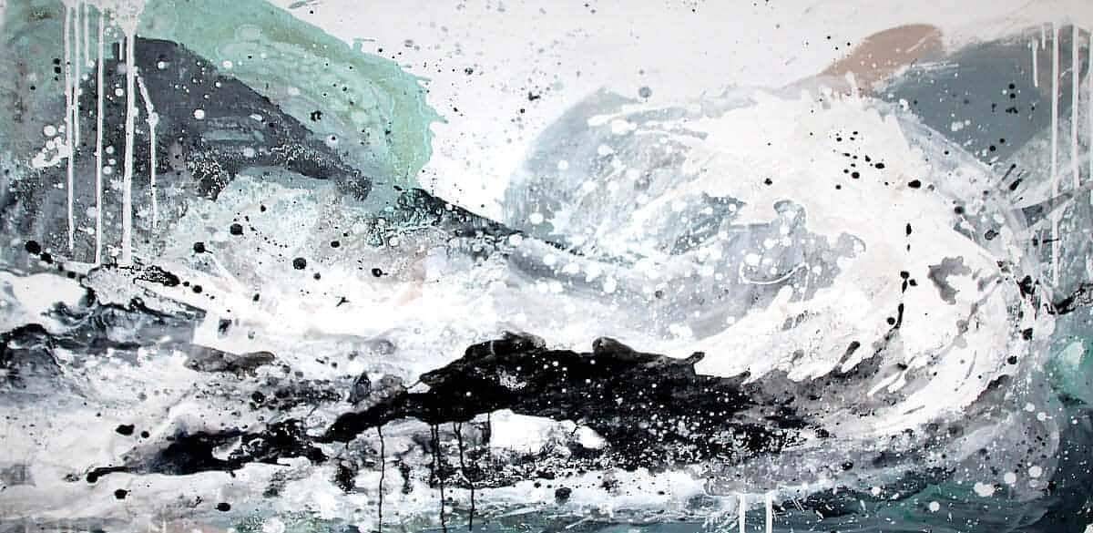 Mint-Weißes Wellenbild mit Landschaft - Unikat durch Fließtechnik Abstrakte Bilder & moderne Auftragsmalerei, abstrakte große bilder online kaufen, Auftrags Malere