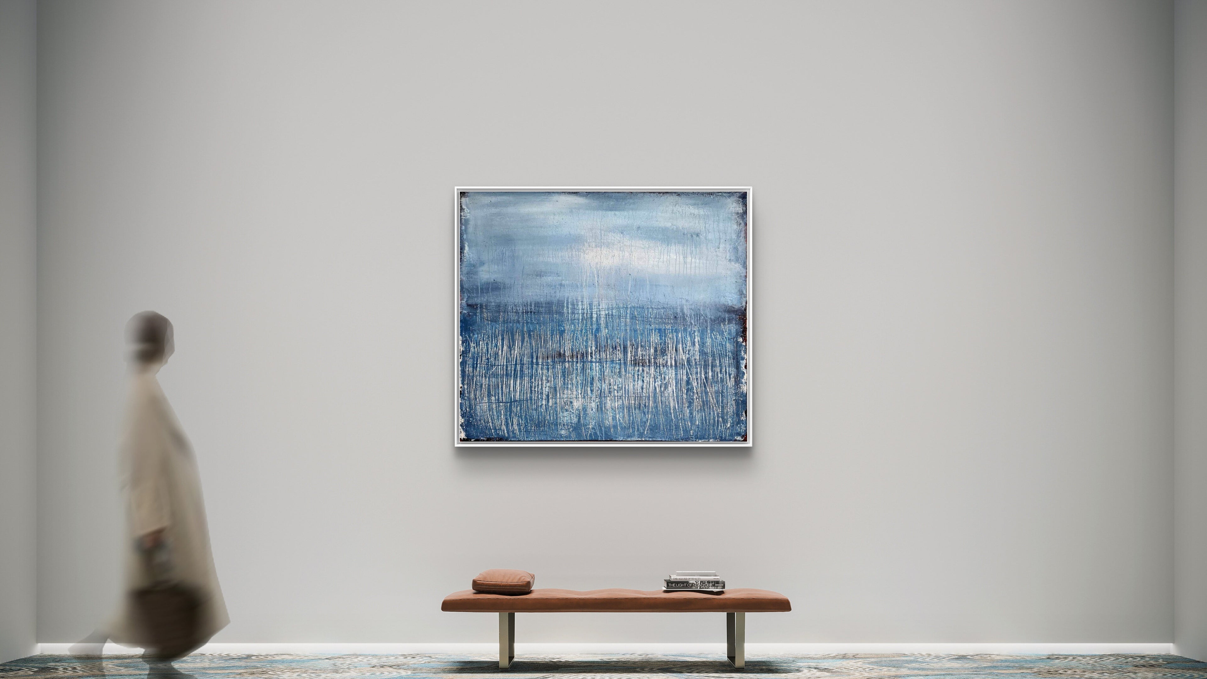 Abstraktes blaues Gemälde – Winterplatz – Abstrakte Wandkunst über Sofa