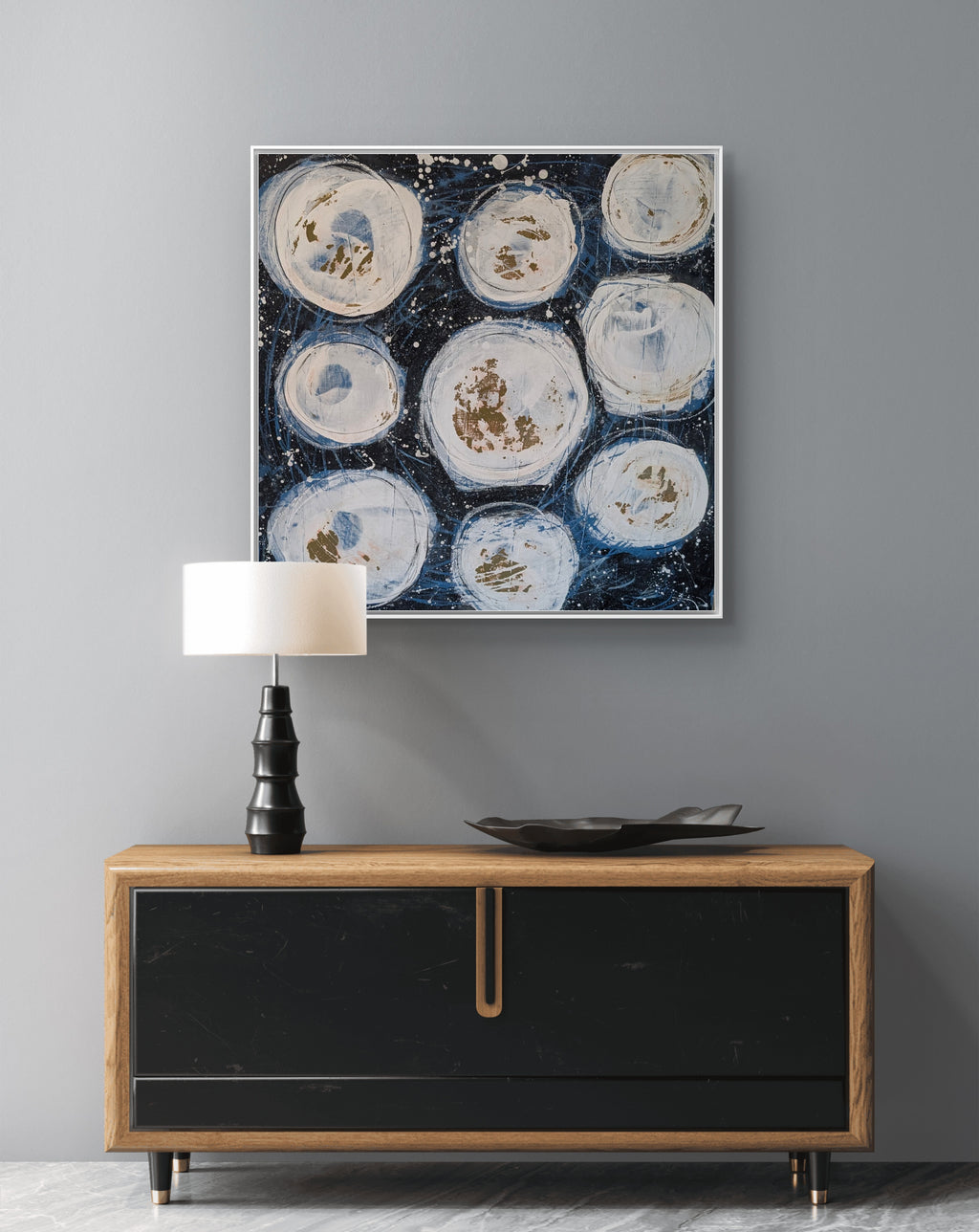 Schwarz-weiß Bild - Weltenbummler – Größe & Format – natur; blau; beige; geometrisches abstraktes Originalgemälde – stabile Gesamtwirkung – sichere Raumwirkung – direkt verfügbares Original