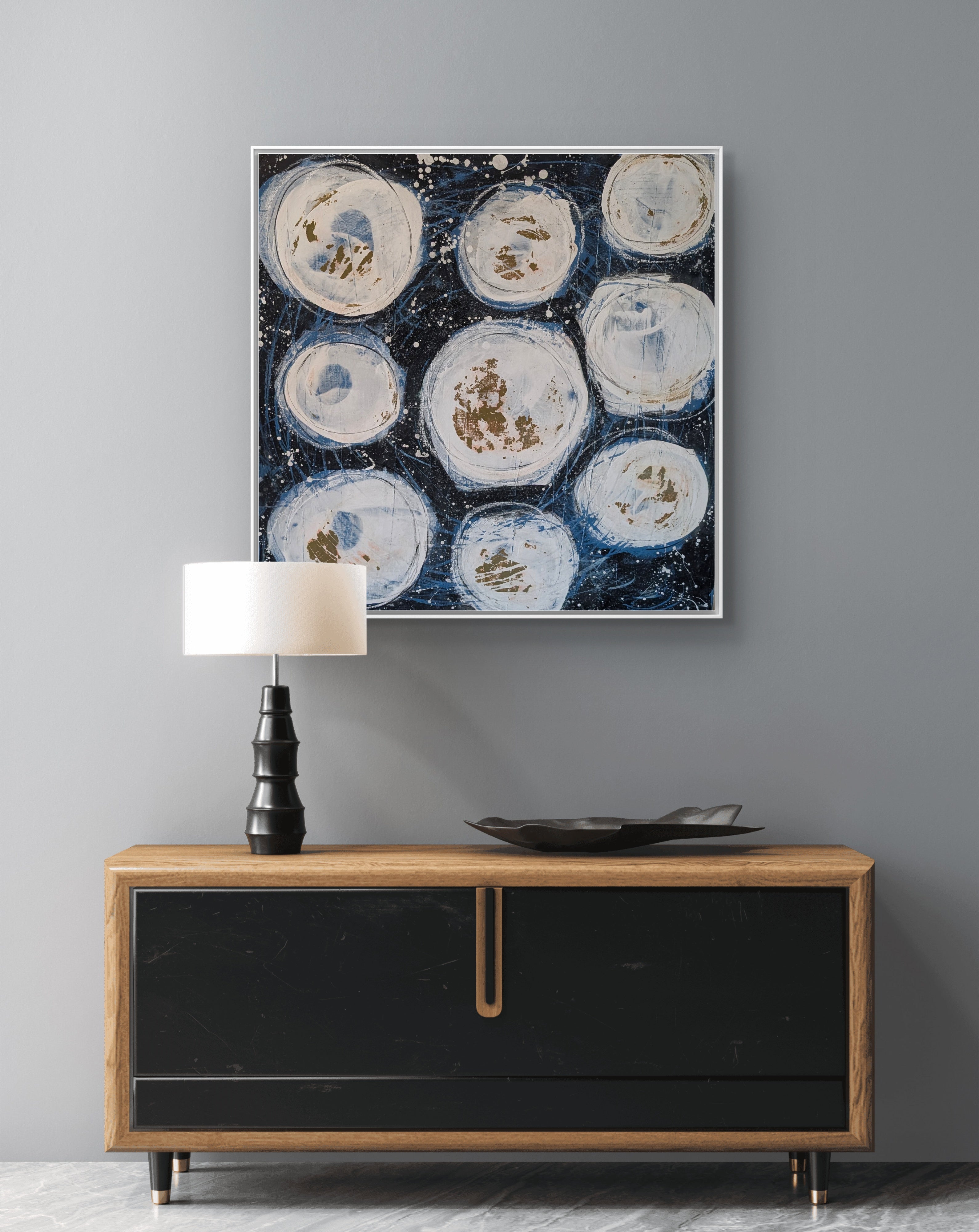 Schwarz-weiß Bild - Weltenbummler – Größe & Format – natur; blau; beige; geometrisches abstraktes Originalgemälde – stabile Gesamtwirkung – sichere Raumwirkung – direkt verfügbares Original