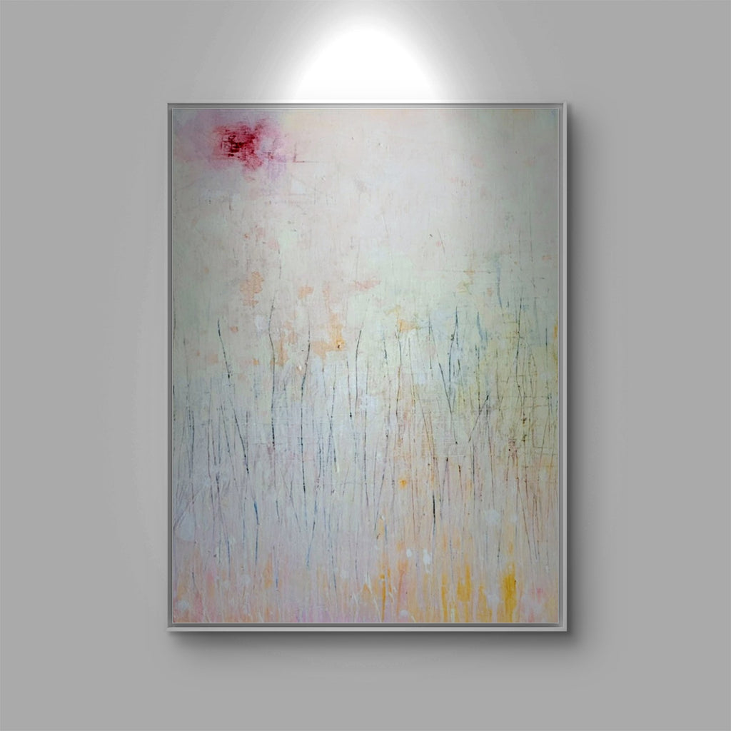 Gedankenregen – Identität des Werks – blau; natur; rosaes abstraktes Originalgemälde – ruhige Gesamtwirkung – poetische Grundstimmung – direkt verfügbares Original