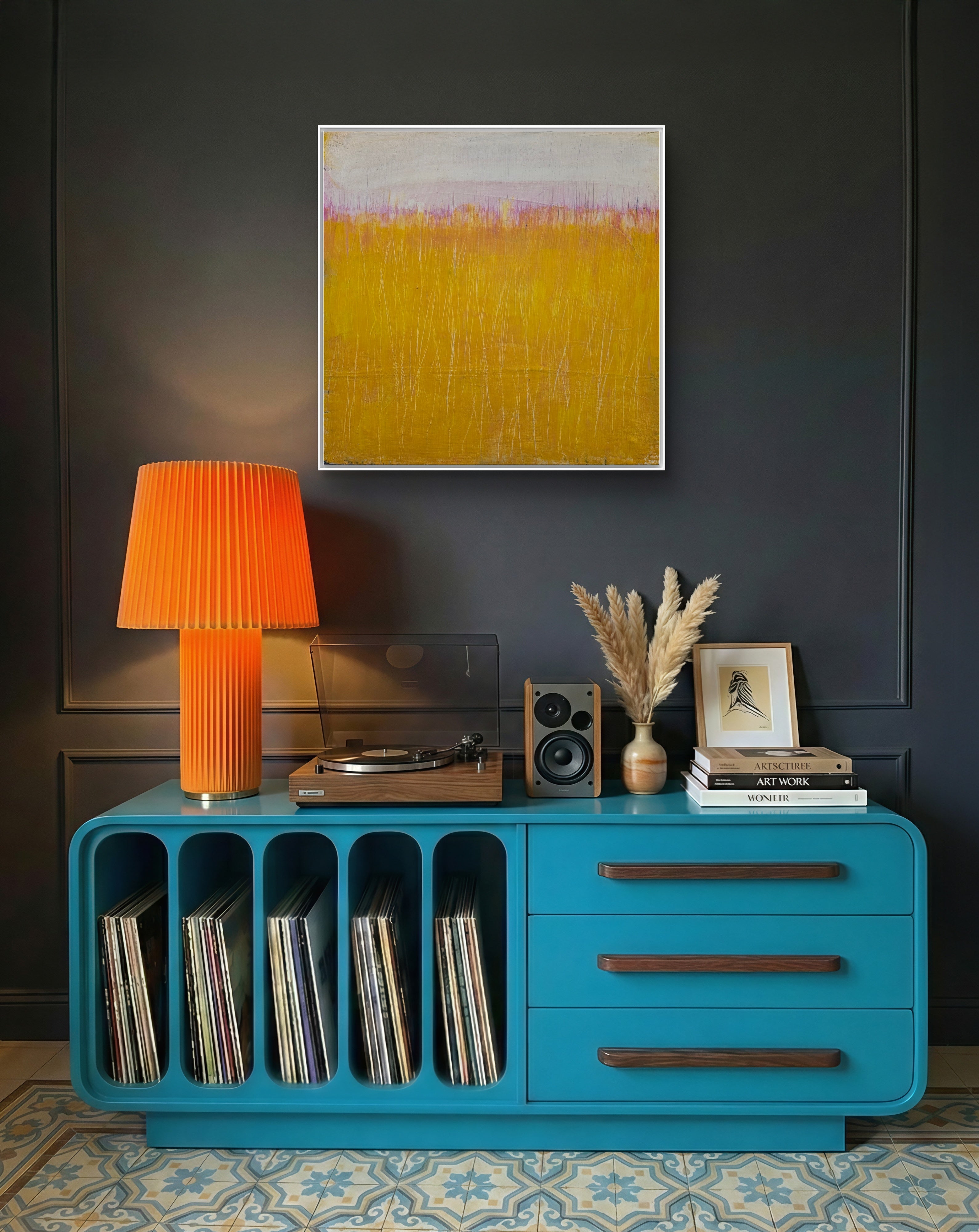 Abstraktes Gemälde Gelb Bild Sommwiese 70 X 70 cm Einzelstück – Kunst für hohe Räume und große Wände