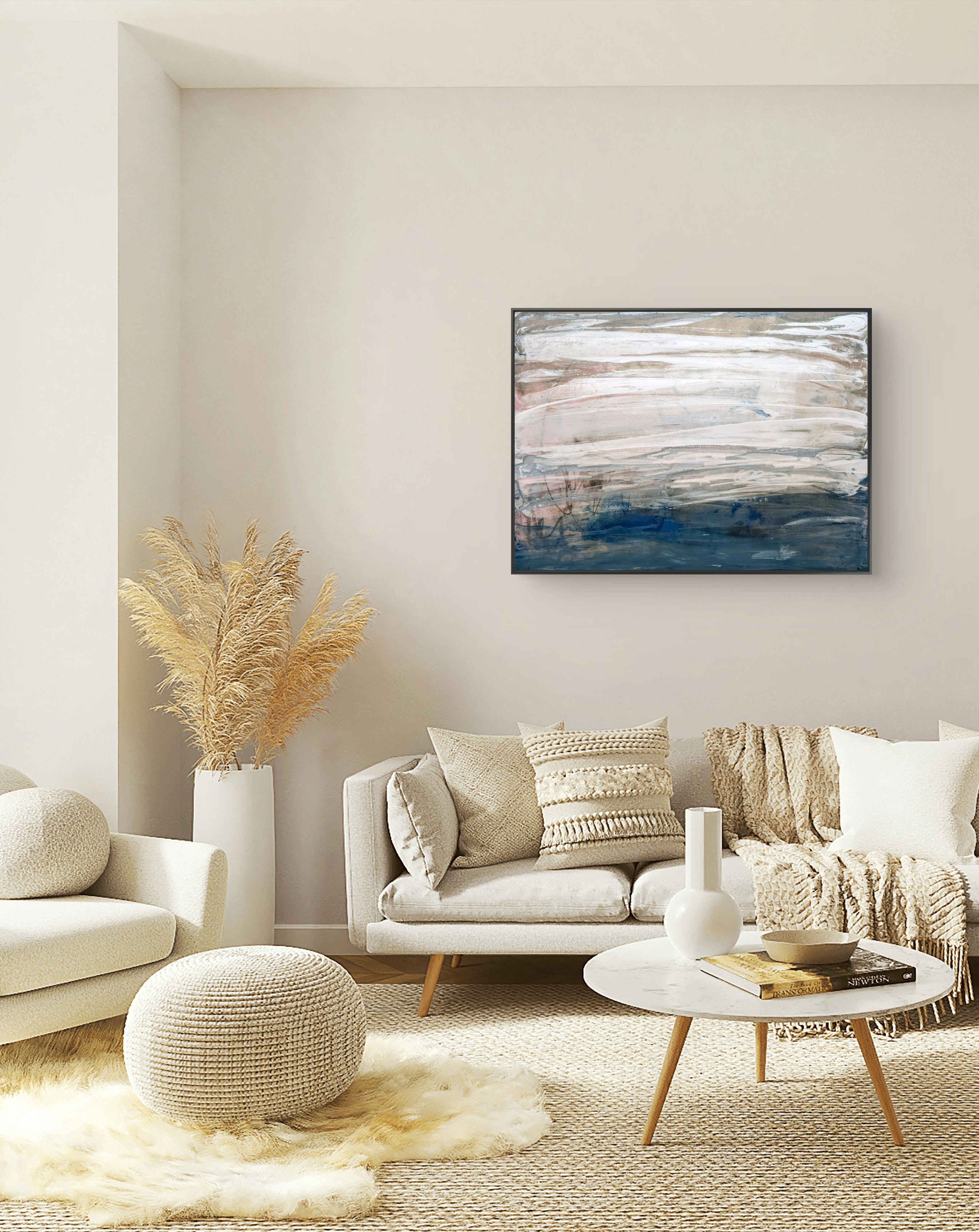 Blau weißes Bild - Gezeitenstille inkl. Schattenfugenrahmen