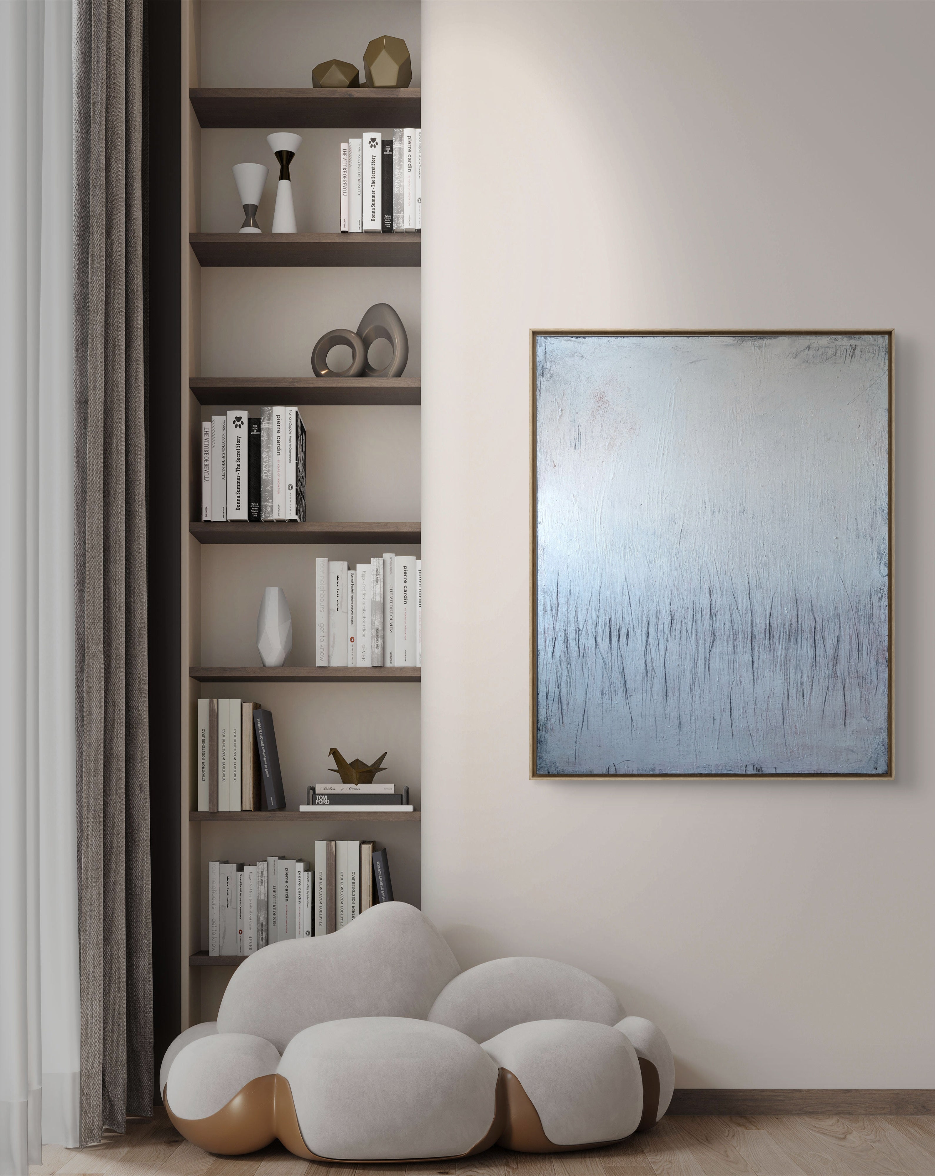 großes weißes Bild Serie Tagesschnuppen II von II – Abstrakte Wandkunst über Sofa
