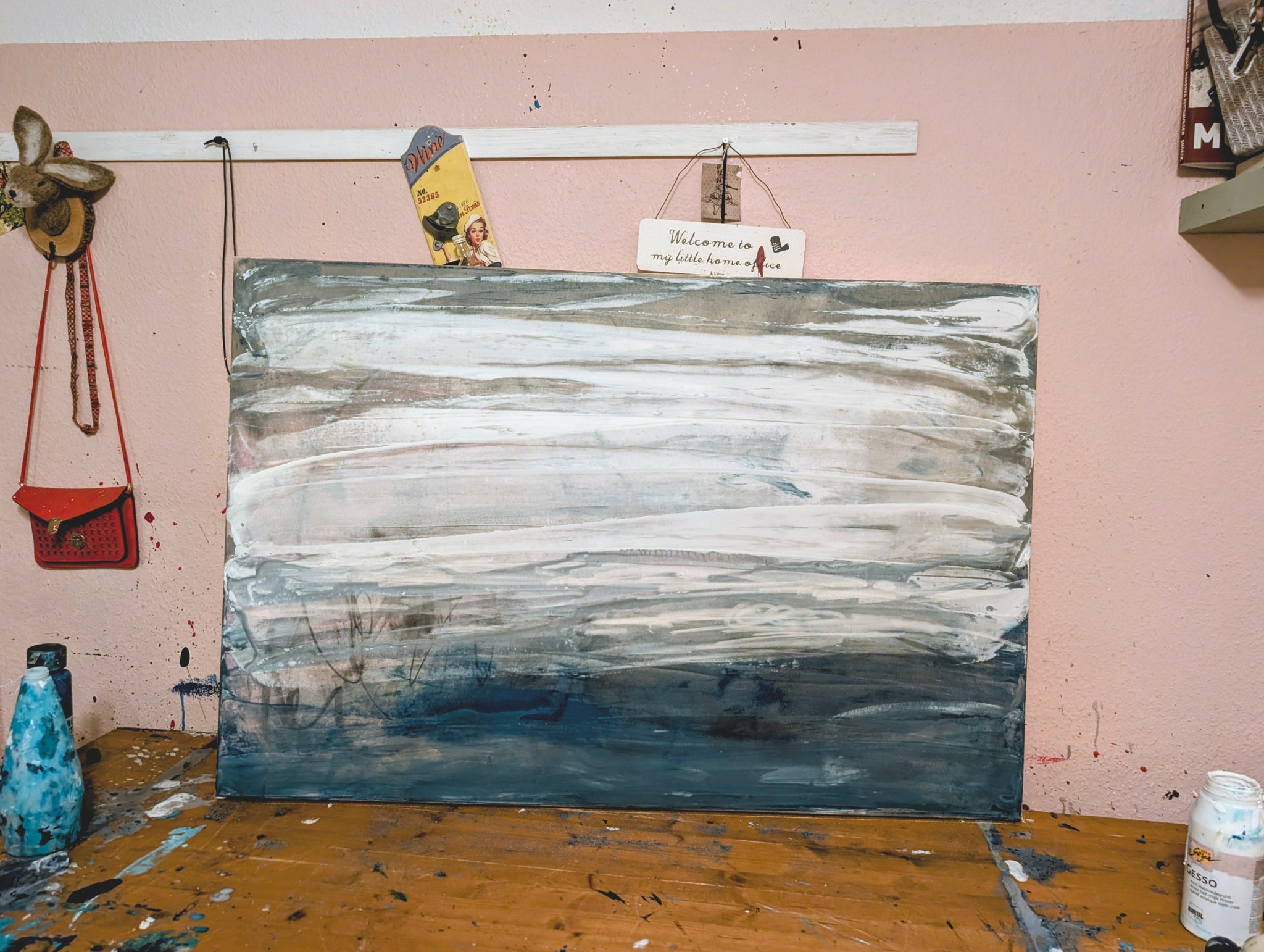 Blau weißes Bild - Gezeitenstille inkl. Schattenfugenrahmen – sofort versandbereites Leinwandbild in nan, großes Kunstwerk für moderne Wohnräume